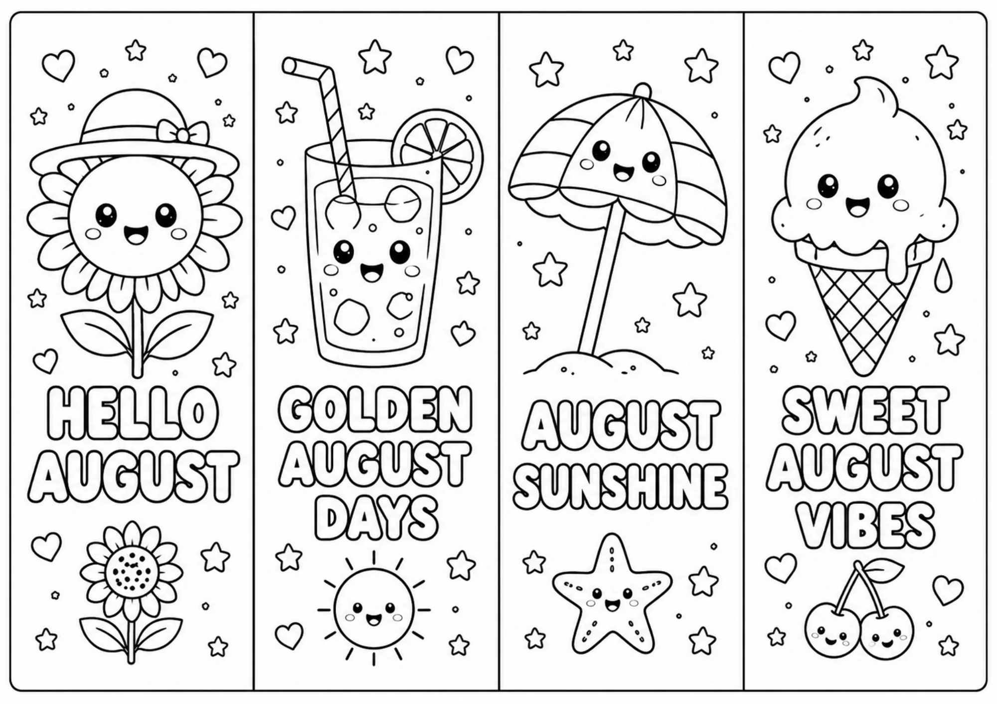 Black and white printable bookmark coloring page displaying four summer designs including a smiling sunflower in a sun hat, cold iced drink glass, beach umbrella, and ice cream cone.
