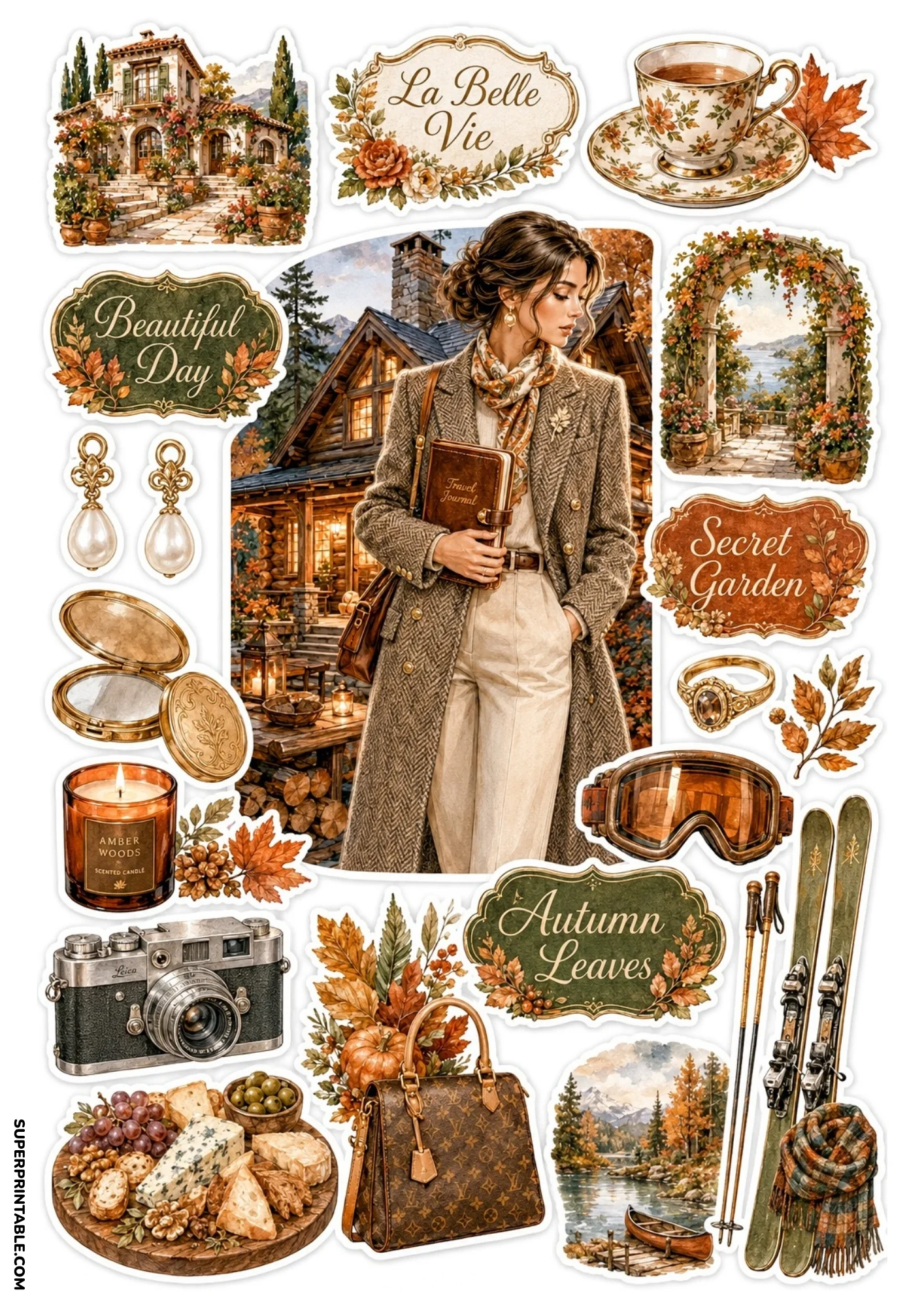 Printable sticker sheet showing a woman in a tweed trench coat holding a journal in front of a wooden chalet, vintage camera, charcuterie board, and skis.