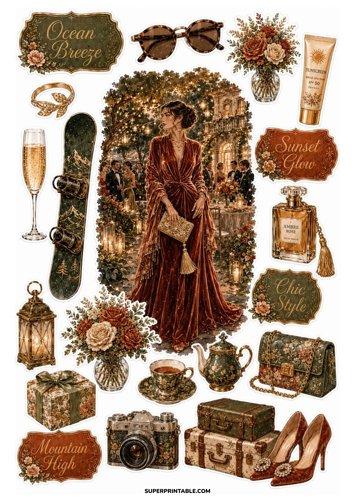 A printable sticker sheet displaying a woman in a red velvet gown at a courtyard event, surrounded by green snowboard, roses, leather heels, and gift box.
