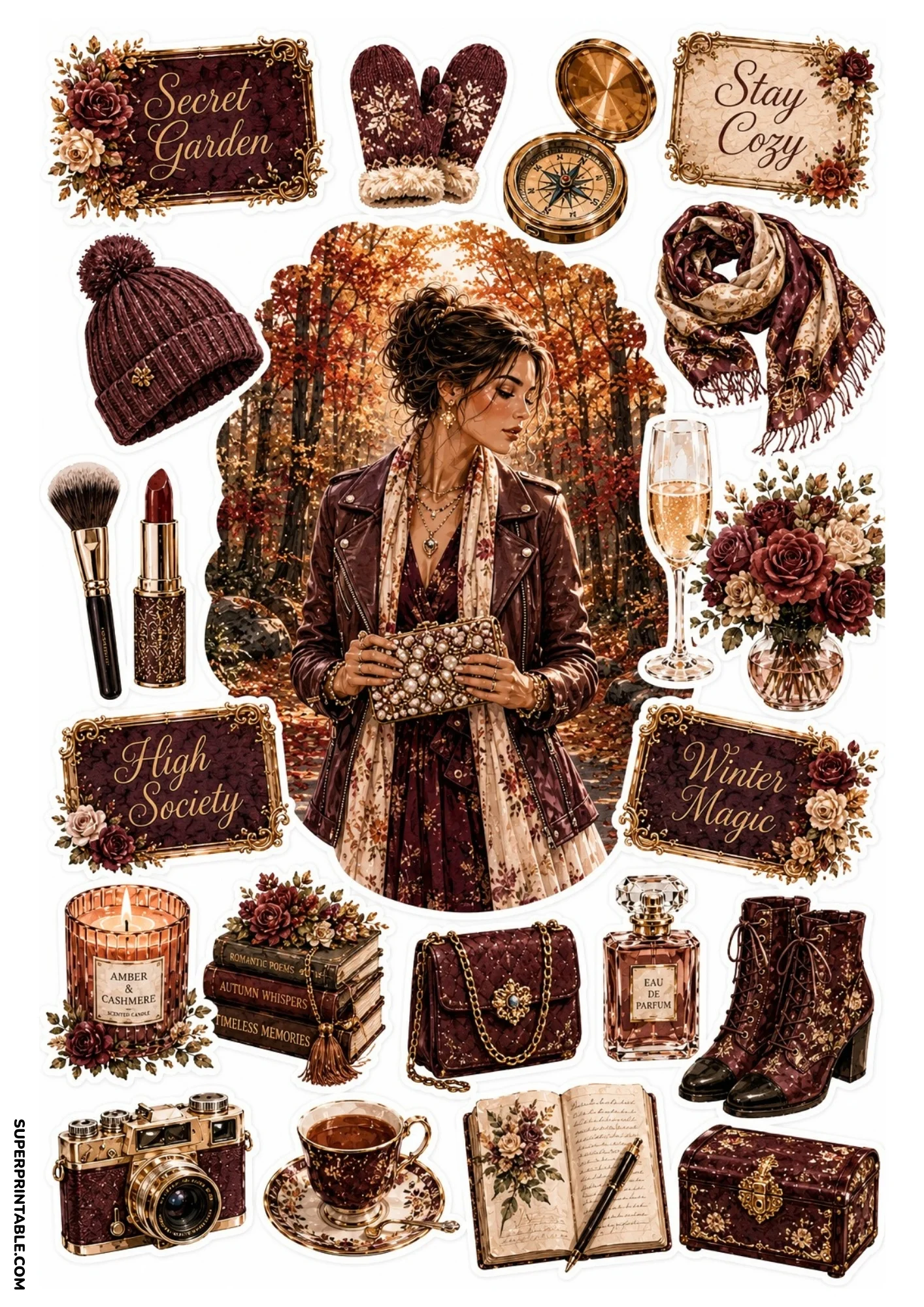 Printable sticker sheet depicting a woman in a leather jacket in an autumn forest, with leather boots, cozy beanie, book stack, and warm candle stickers.