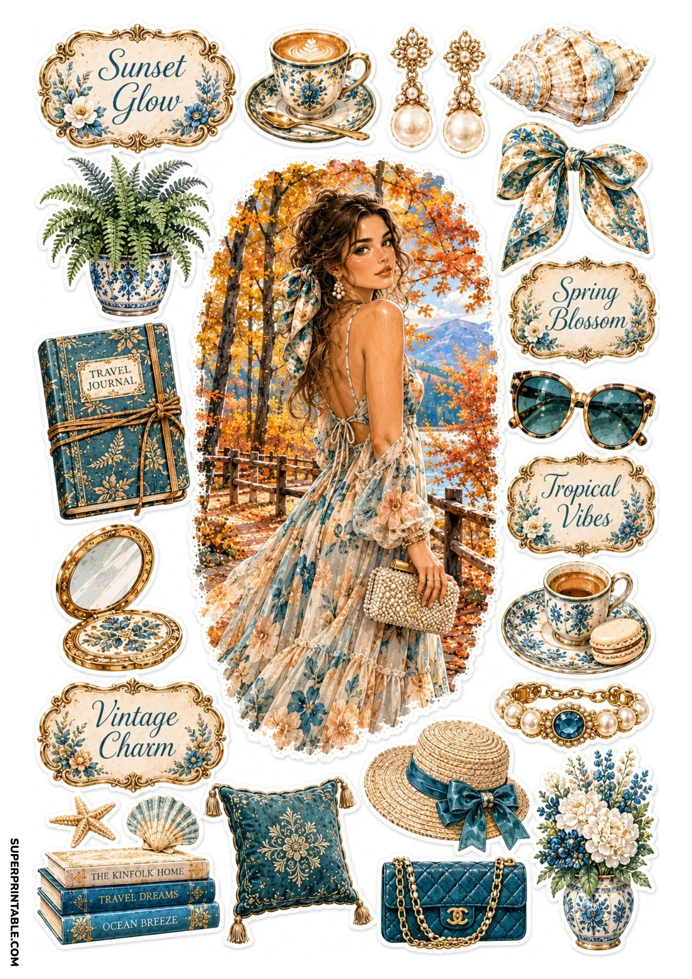Printable sticker sheet with a woman in a floral dress on an autumn forest path, paired with blue floral journal, blue tea cups, and sun hat.