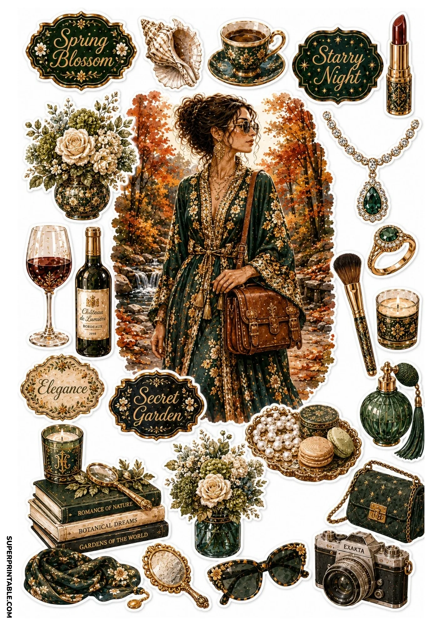 Sticker sheet depicting a woman in a patterned robe in autumn woods surrounded by dark green floral stickers.