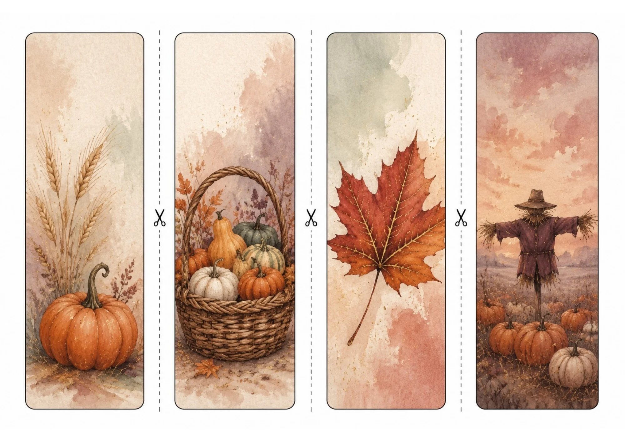 Four printable bookmarks featuring a pumpkin with wheat stalks, a basket of autumn gourds, a red maple leaf, and a scarecrow in a pumpkin patch.