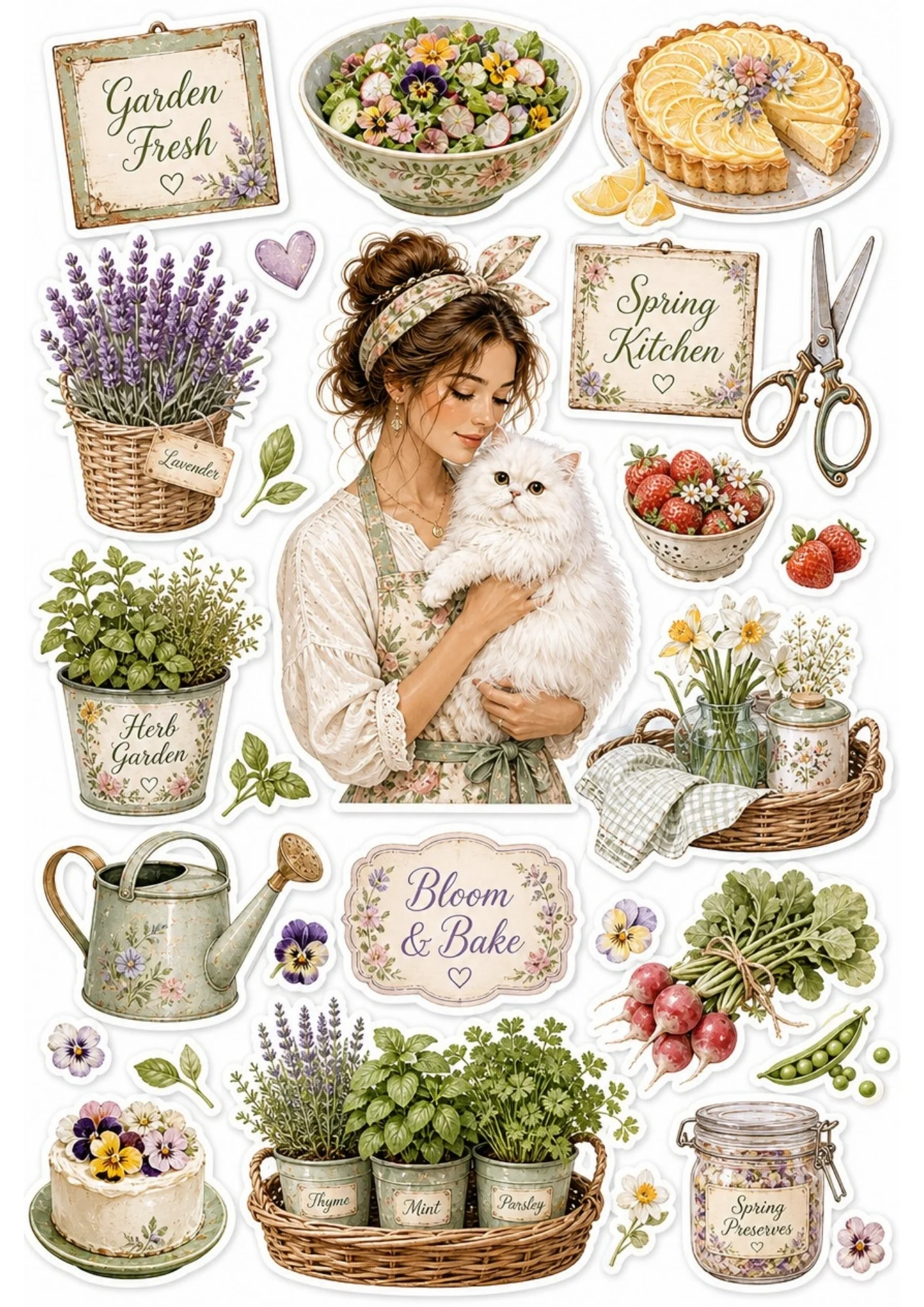 A girl surrounded by pumpkins and autumn spices with a white cat. Surrounding stickers include pumpkin pies, cinnamon sticks, and text saying 'Autumn Baking' and 'Pumpkin Spice'.