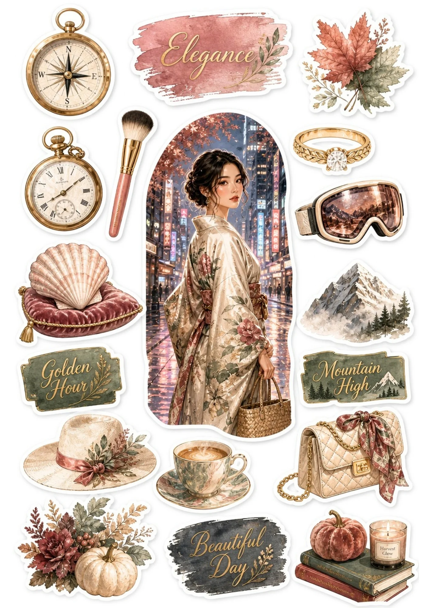 A printable aesthetic sticker sheet featuring a woman in a floral autumn kimono on a glowing city street, surrounded by a compass, pocket watch, white pumpkins, and makeup brush.