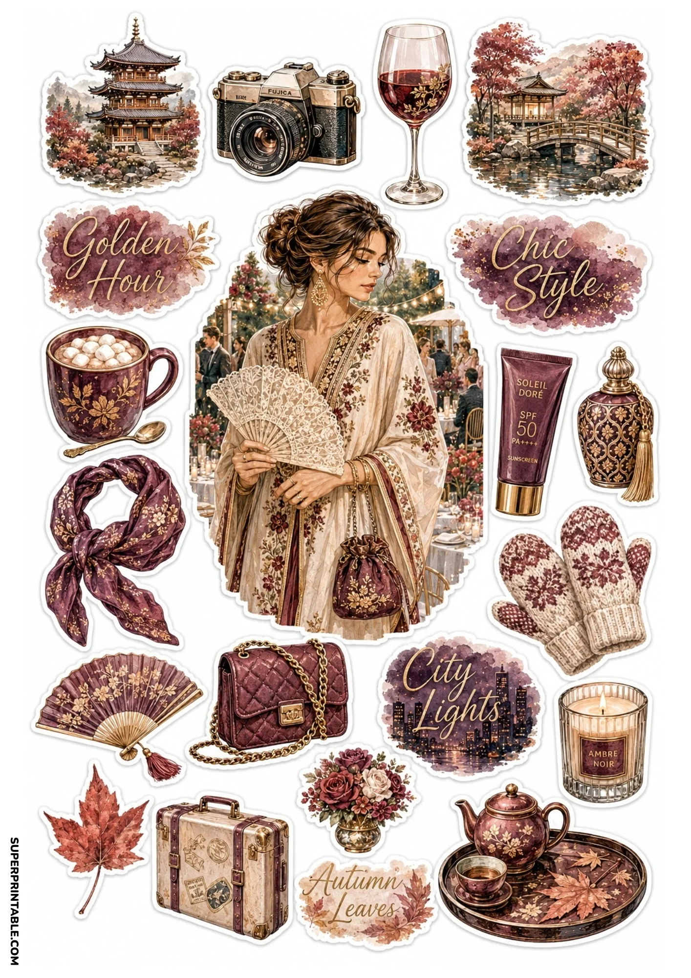 Burgundy and gold sticker sheet showing a Japanese pagoda surrounded by red autumn leaves, vintage camera, tea set, knit mittens, and travel luggage.