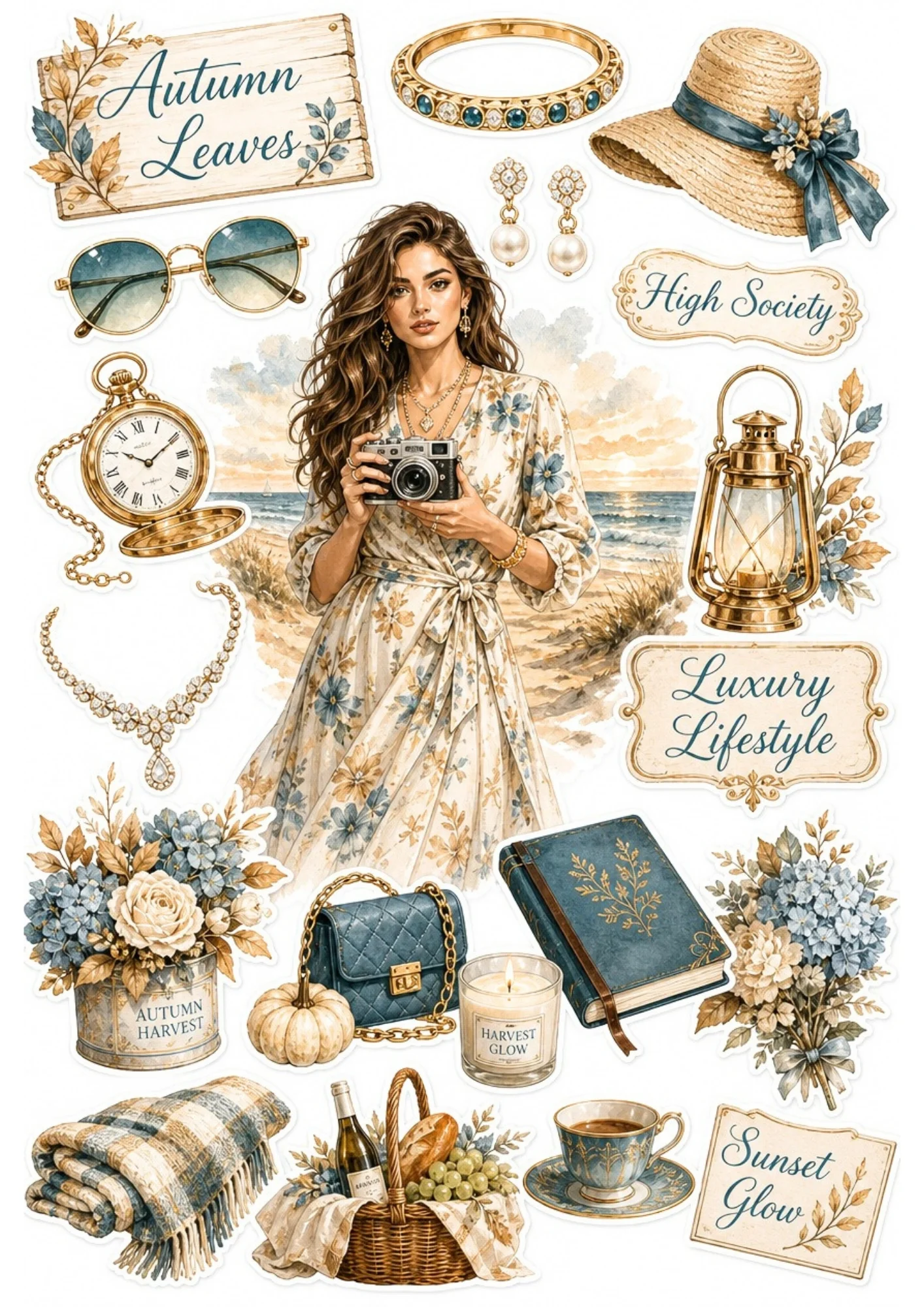 An aesthetic printable sticker sheet with a woman holding a vintage camera on an autumn beach boardwalk, featuring floral arrangements, golden lamps, straw hats, and harvest candles.