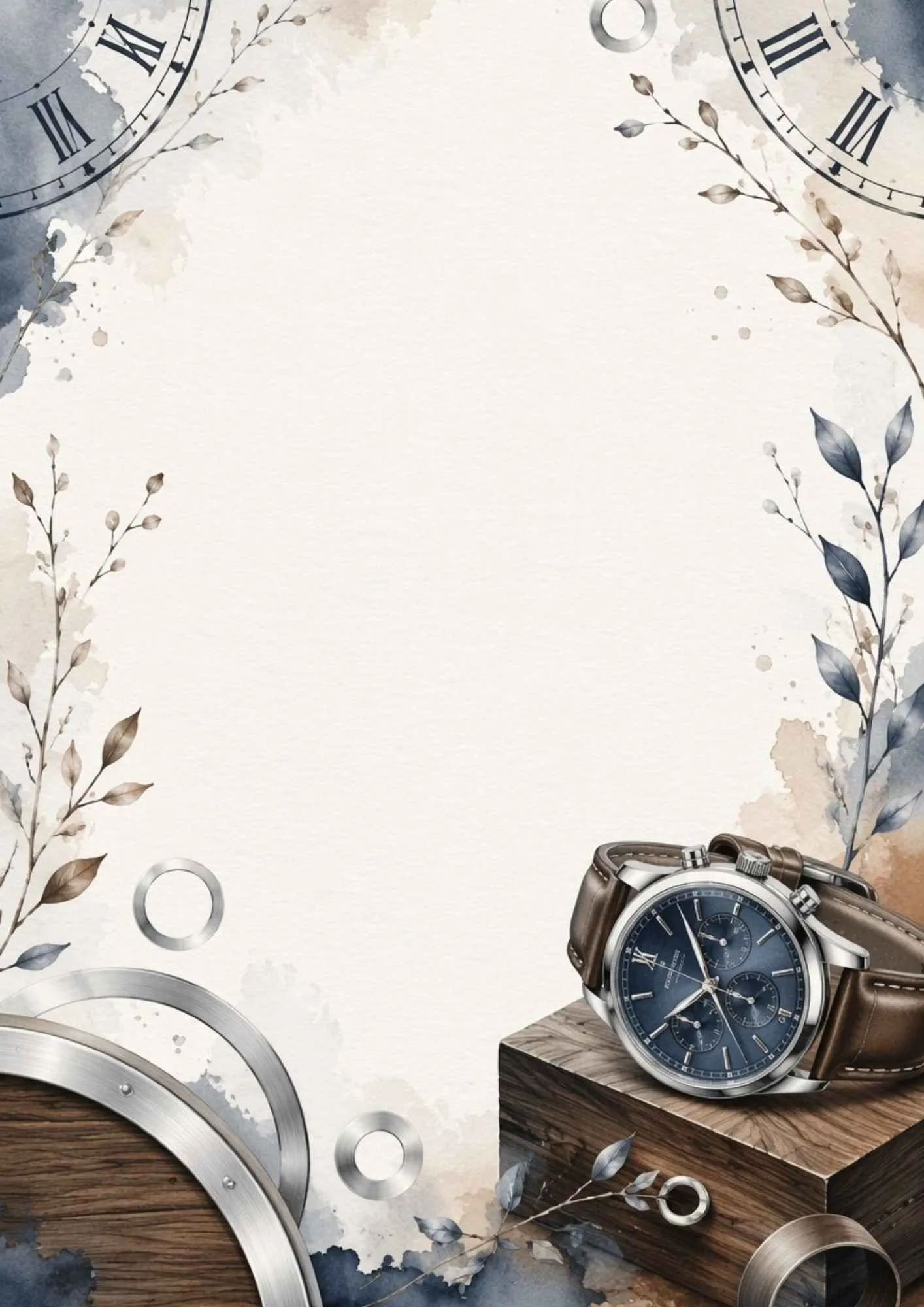 A cozy writing page showing a brown leather strap watch with old books and fallen autumn leaves.
