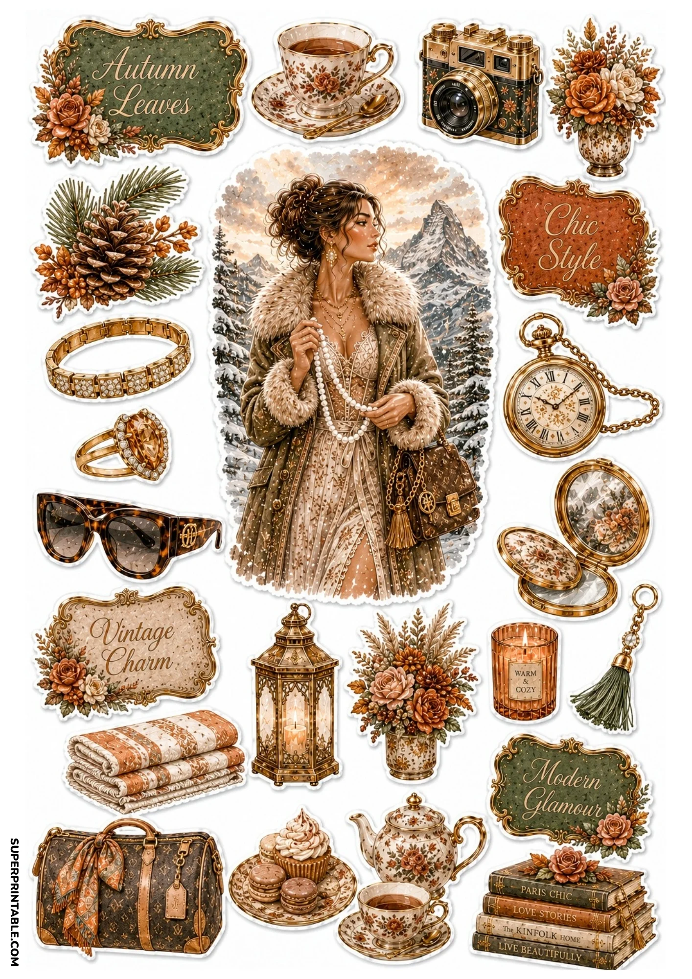 Warm amber and pine green sticker sheet featuring a woman in fur coat near snowy peaks, teacups, leather bag, and autumn floral labels.