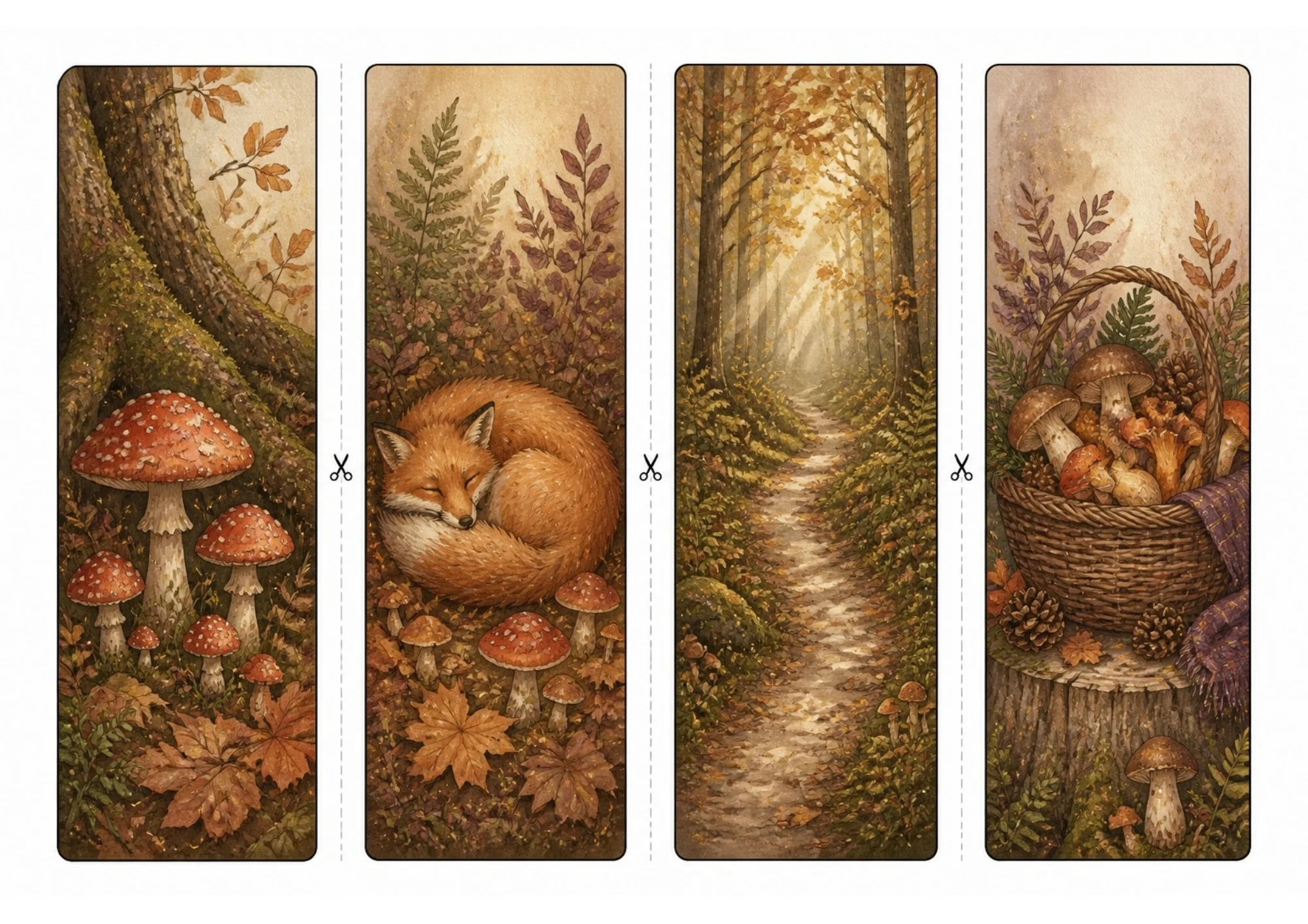 Four printable autumn bookmarks illustrating red toadstools, a sleeping red fox in leaves, a sunlit forest trail, and a basket of gathered mushrooms.