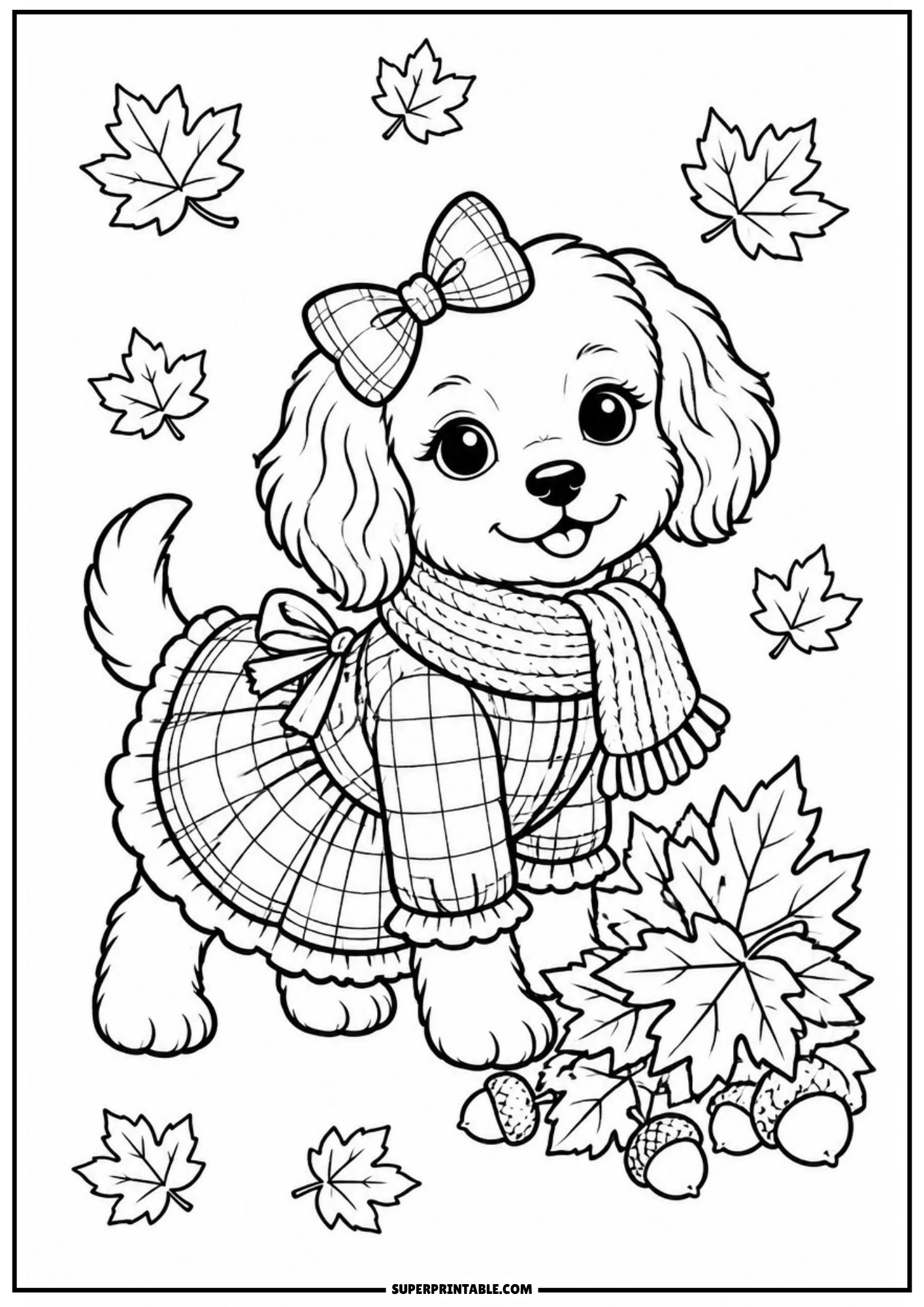 A coloring page showing a cute puppy wearing a plaid dress, a knitted scarf, and a hair bow, standing next to a pile of autumn leaves and acorns.