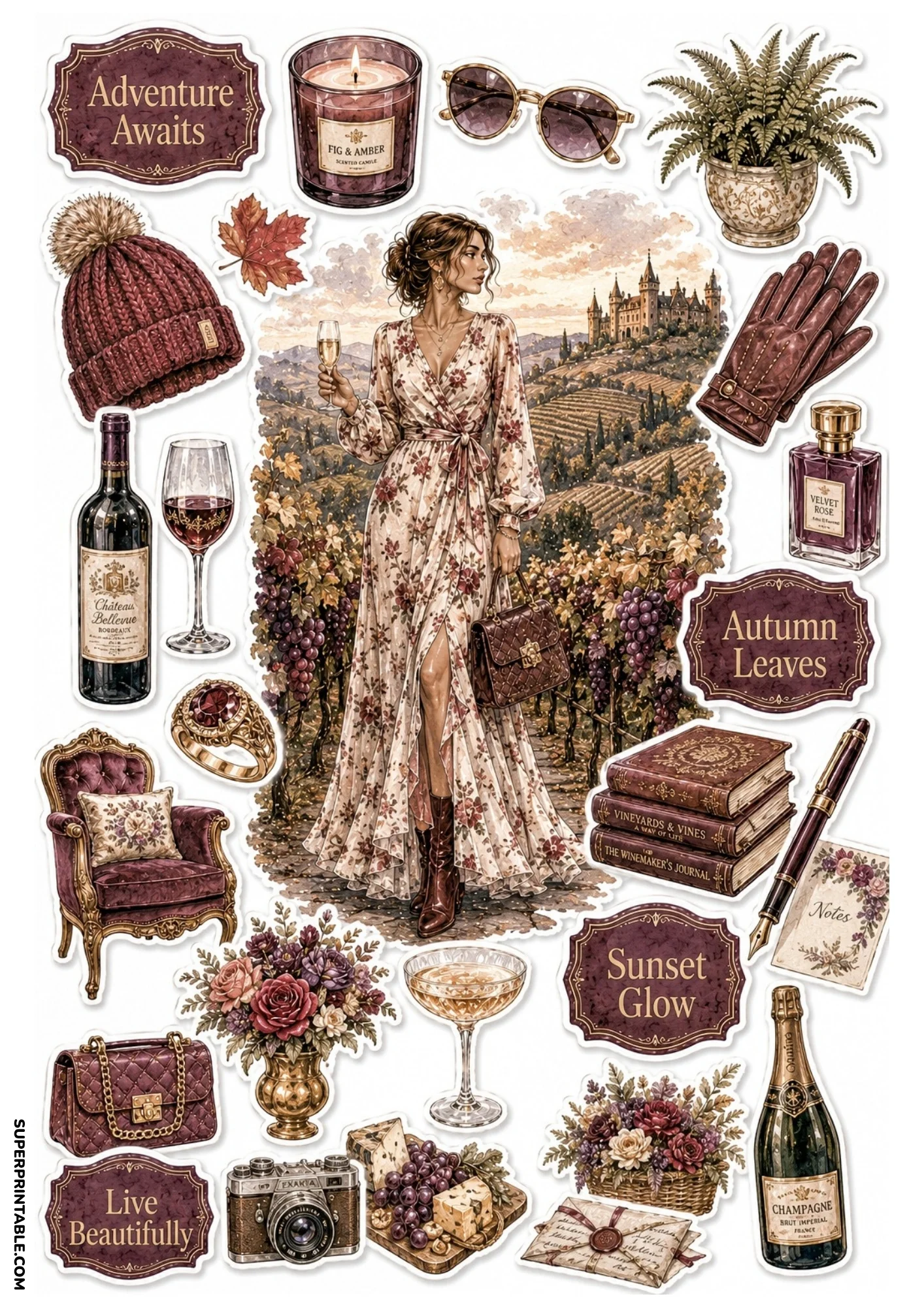 Printable sticker collection with a woman in a floral dress holding champagne in a vineyard leading to a hilltop castle, surrounded by wine, cheese, and autumn leaves.