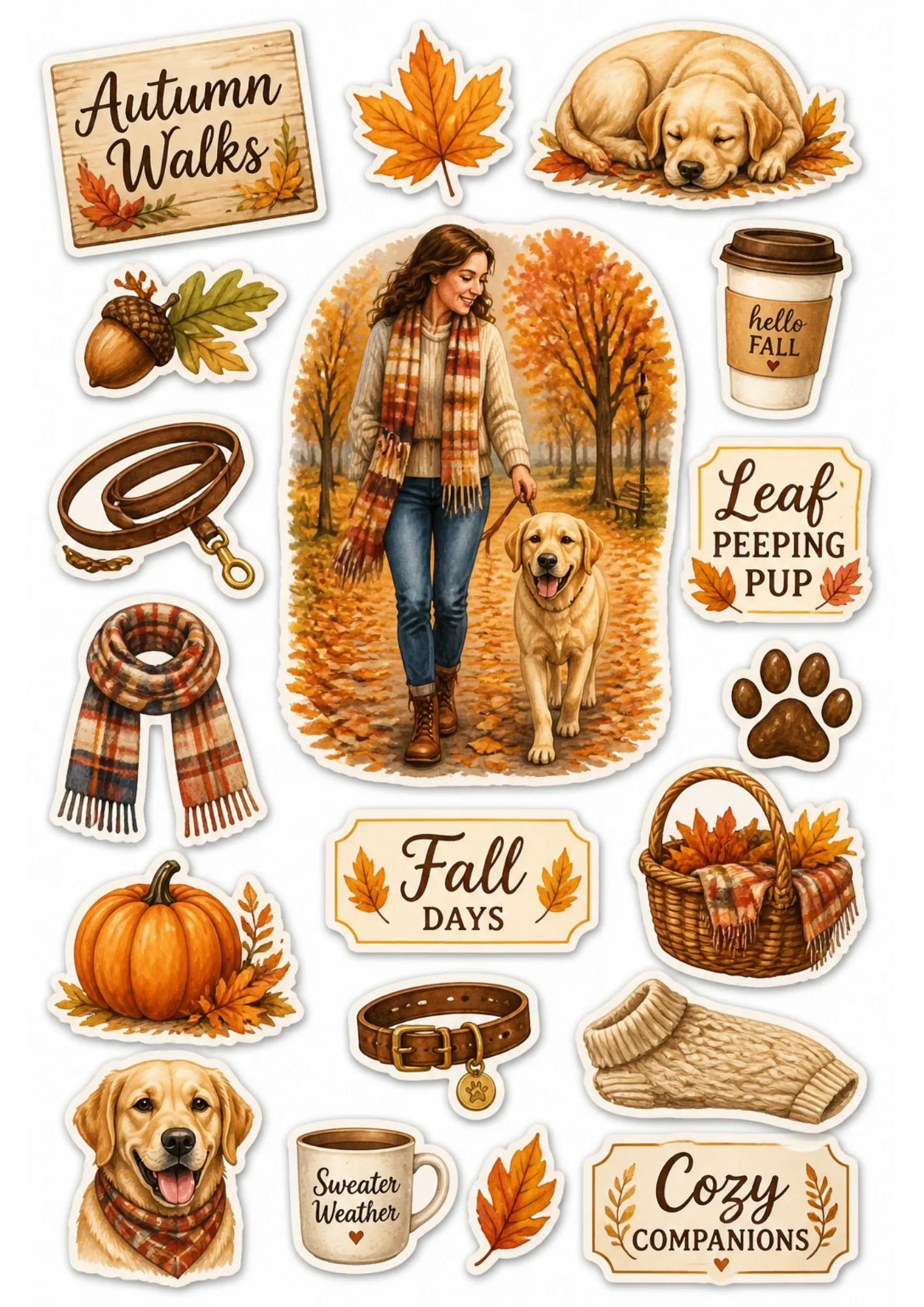 An autumn-themed sticker sheet featuring a woman walking her golden Labrador along a leaf-covered park trail surrounded by fall foliage icons.