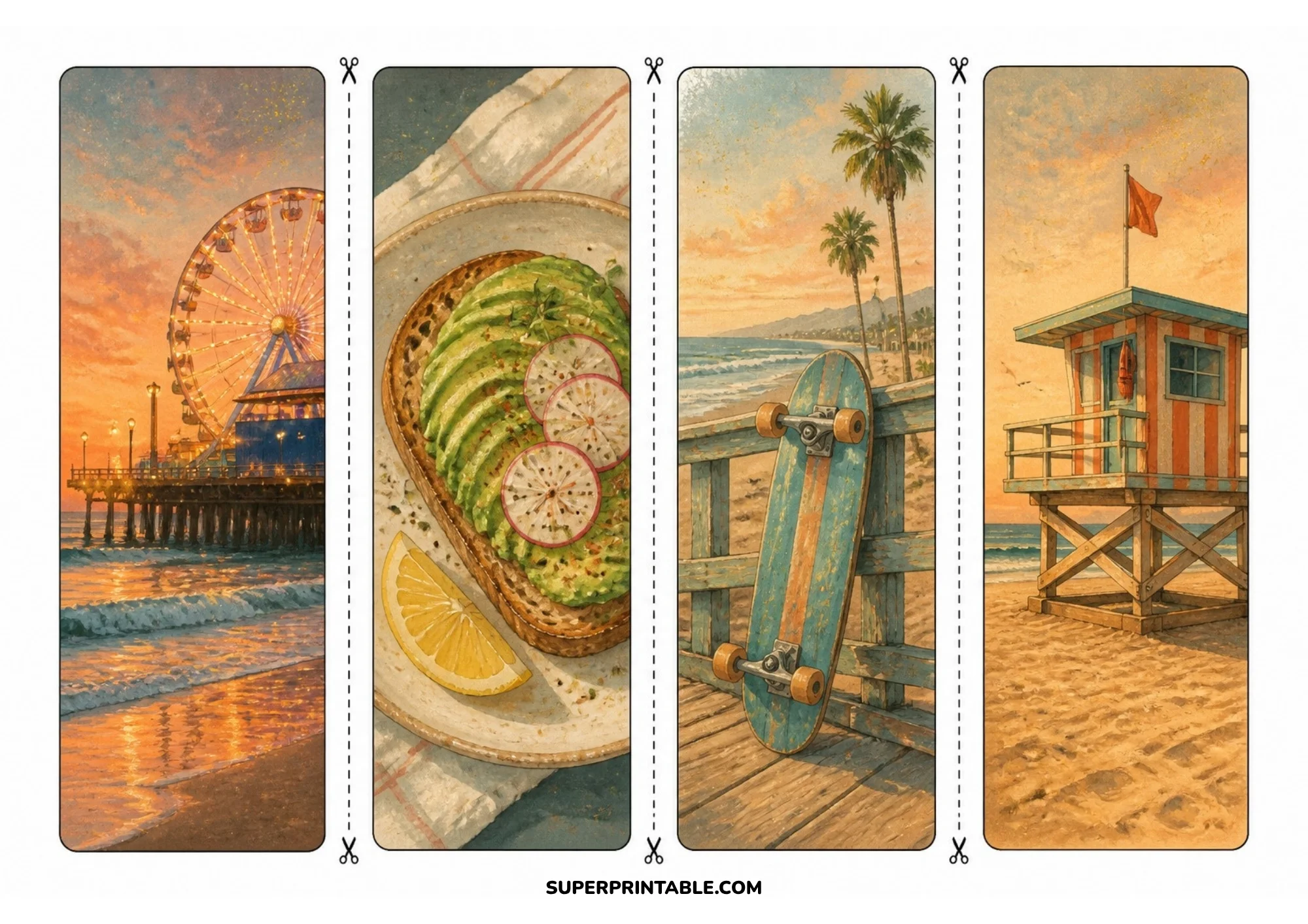 Printable bookmark sheet featuring four warm watercolor illustrations of a pier ferris wheel, sliced avocado toast, a skateboard on a beach boardwalk, and a coastal lifeguard tower.