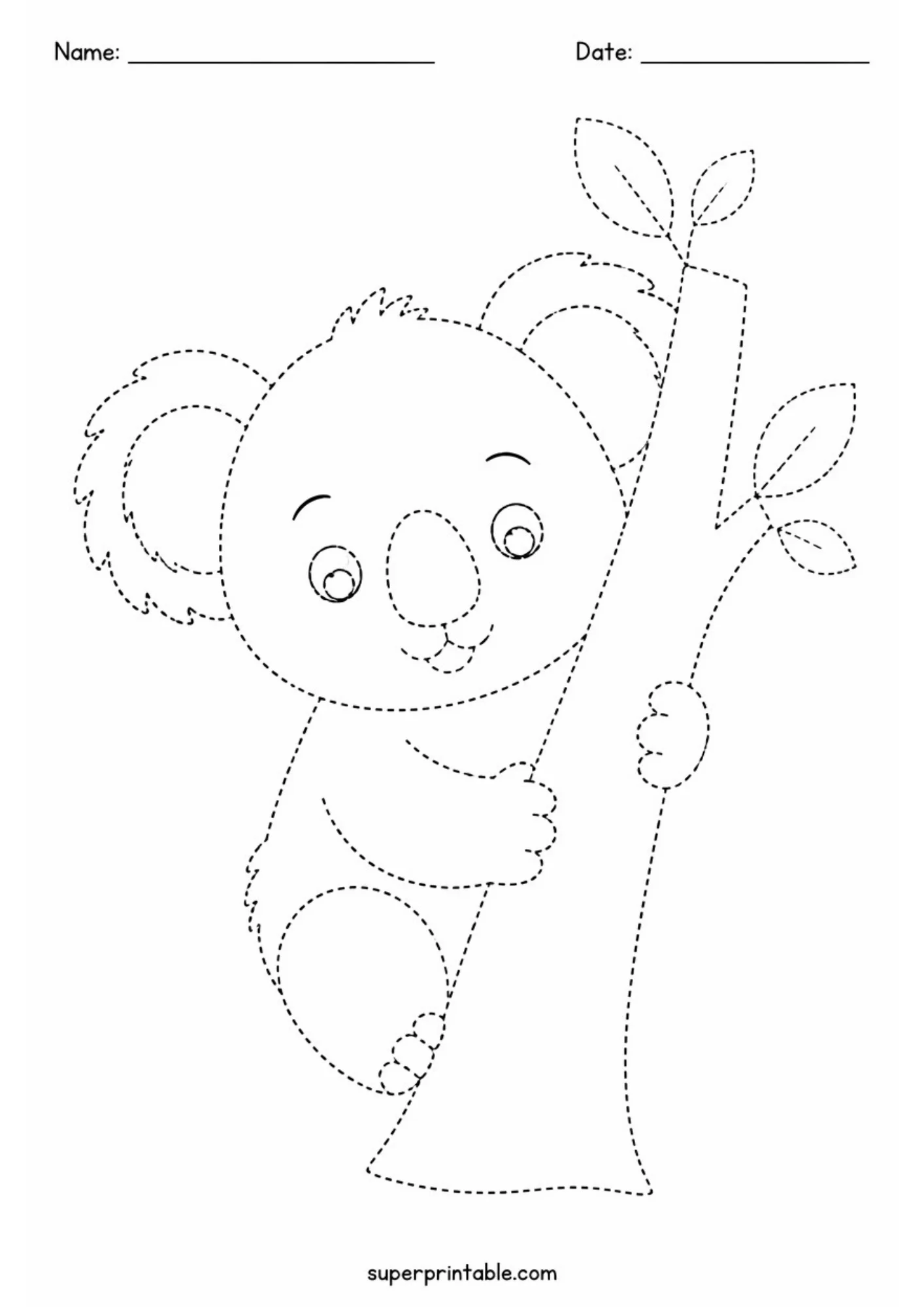 Black dashed outline line art tracing worksheet of a happy awake koala bear with open eyes clinging to a vertical leafy tree trunk.