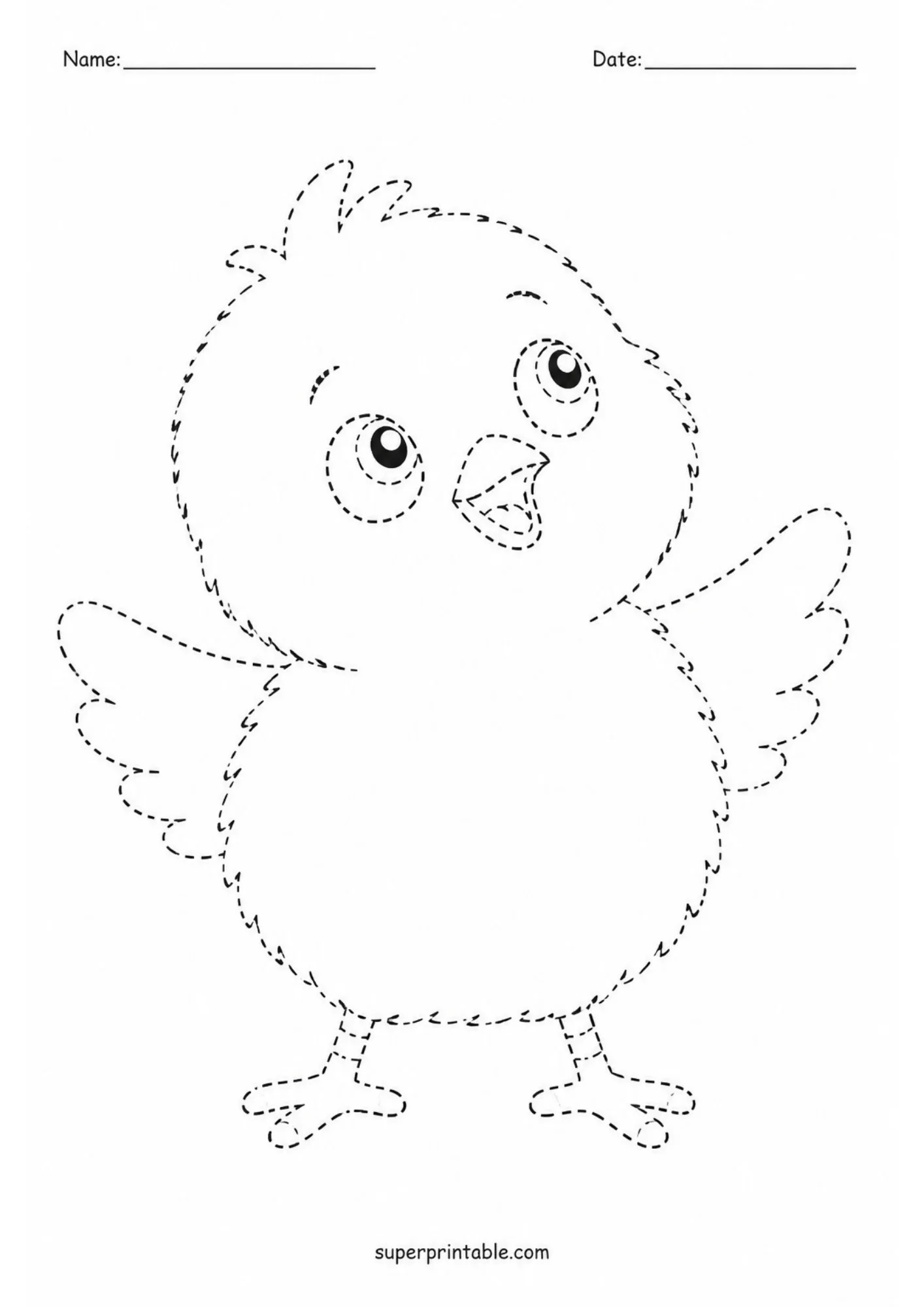 Line tracing worksheet featuring a cute baby chick standing and looking upward with raised wings and dashed line outlines.