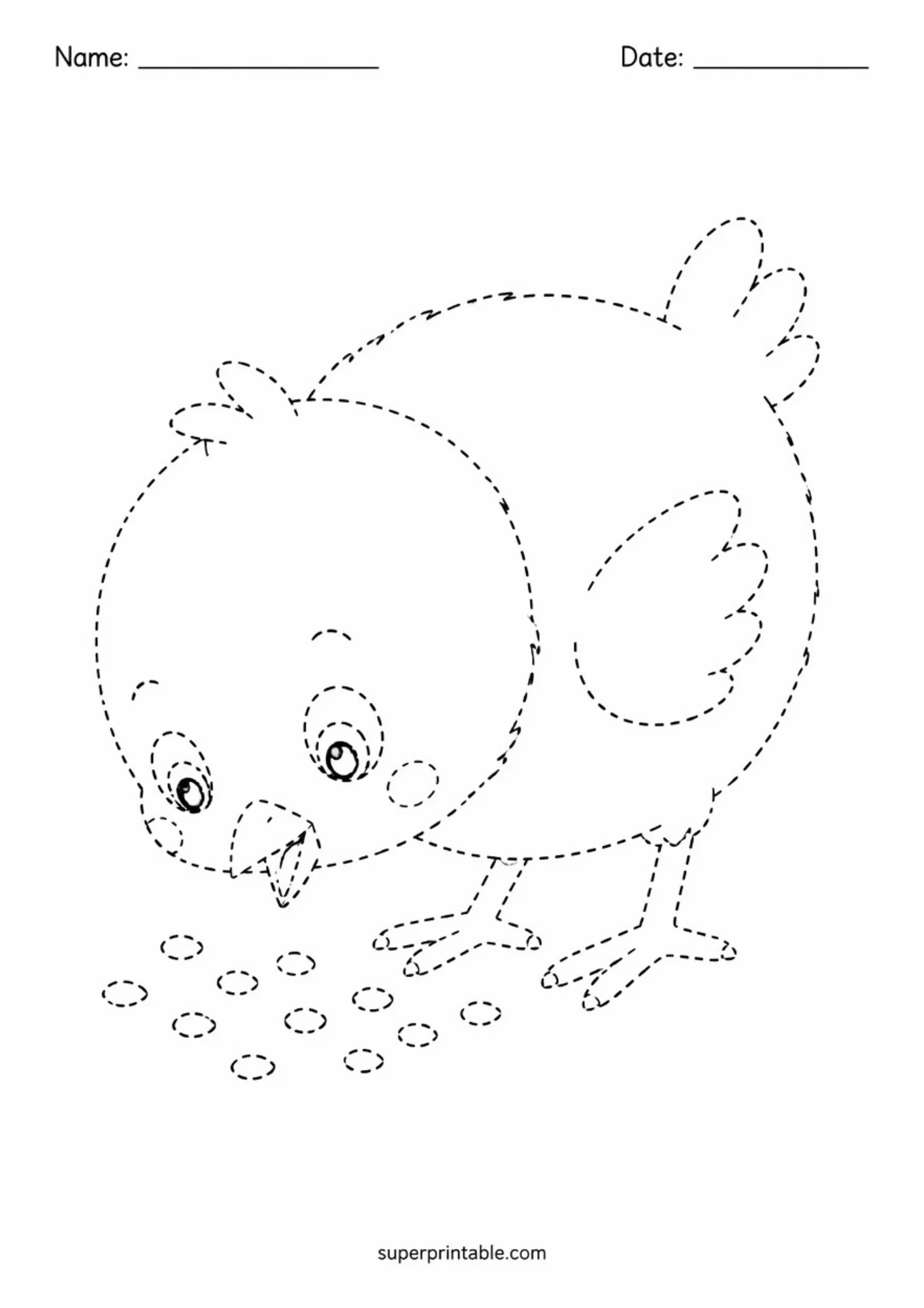 Black and white activity sheet displaying a cute baby chick bending down to peck small seeds on the ground, drawn with dashed tracing lines.
