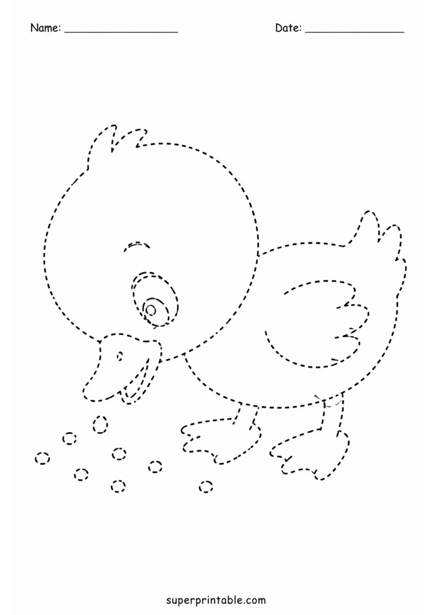 Black and white activity sheet featuring a cartoon baby duckling pecking at scattered round seeds on the ground rendered in dashed outlines.