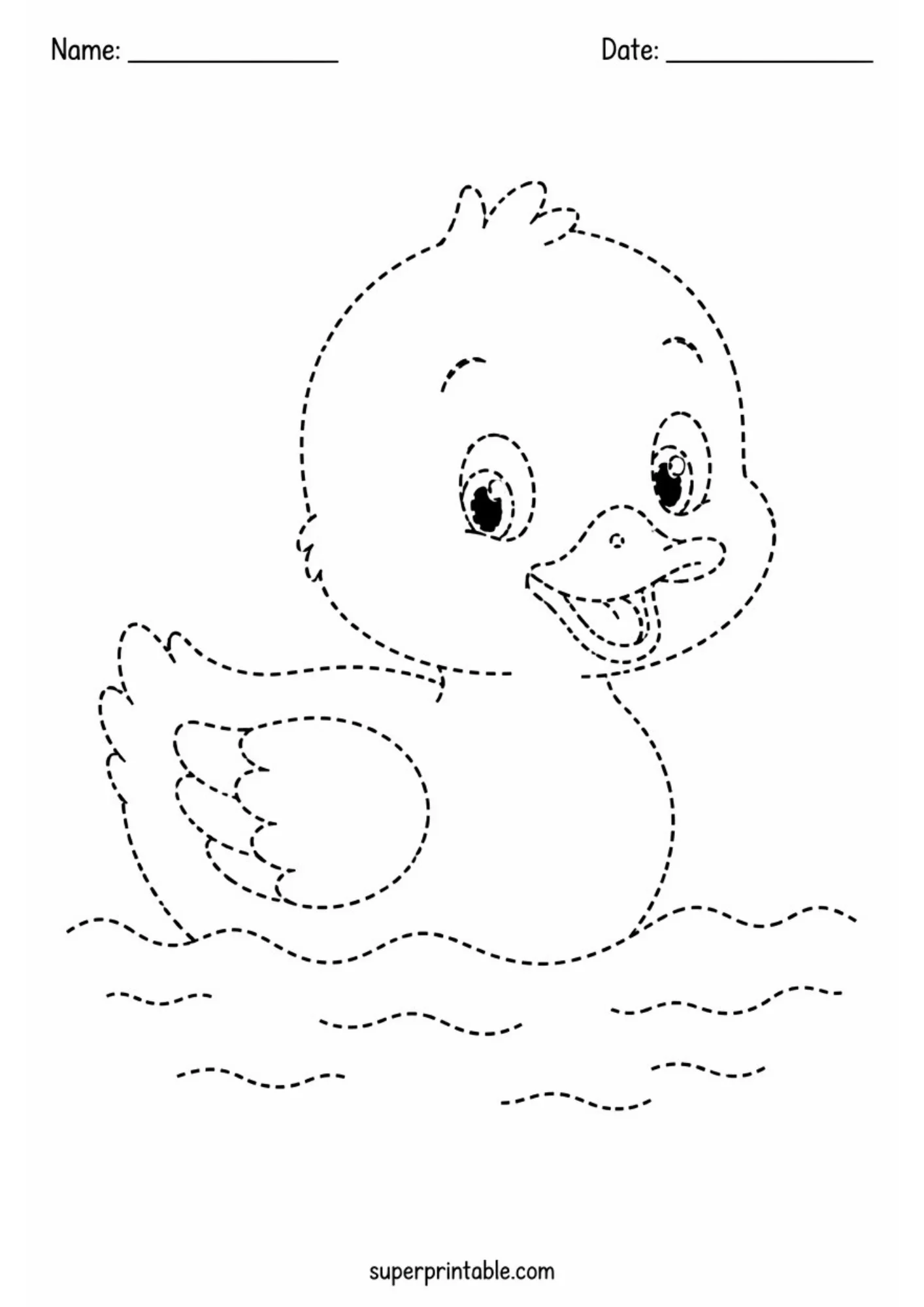 Black and white printable tracing worksheet featuring a baby duckling swimming across gentle water waves rendered in dashed line art.