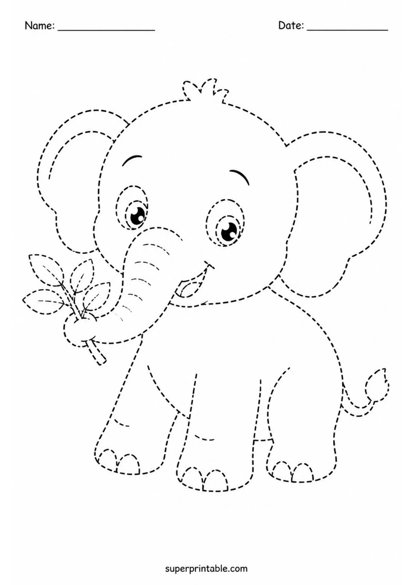 Printable tracing worksheet featuring a cute baby elephant standing on four legs while holding a small leafy plant branch in its curved trunk. Dashed line art style.