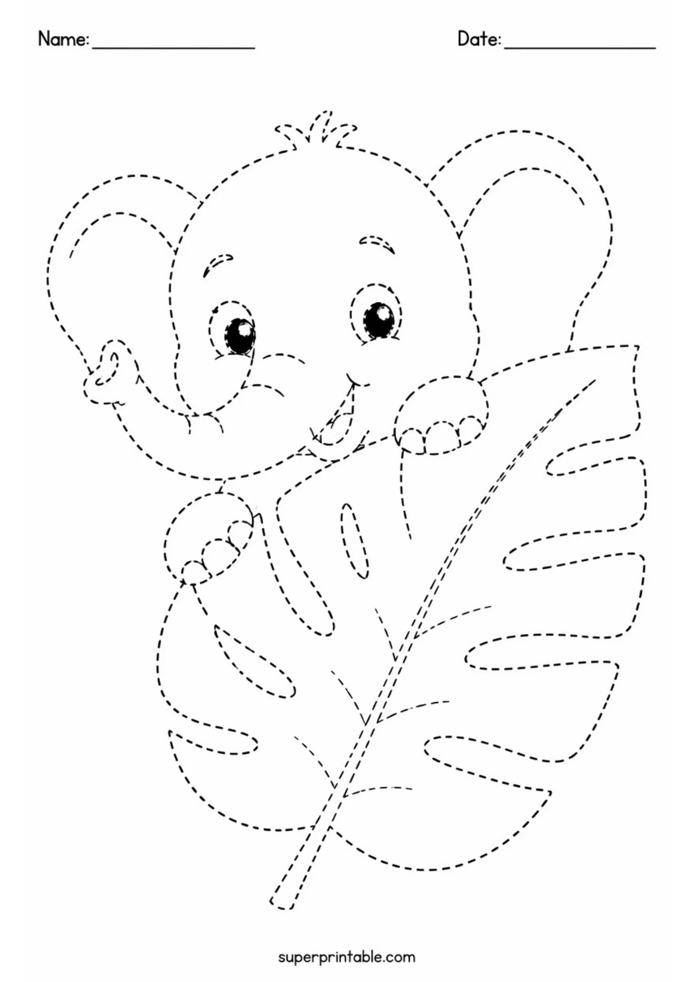 Line art tracing page showing a baby elephant peeking over a large tropical monstera palm leaf. Dashed guidelines for kids line control and coloring.