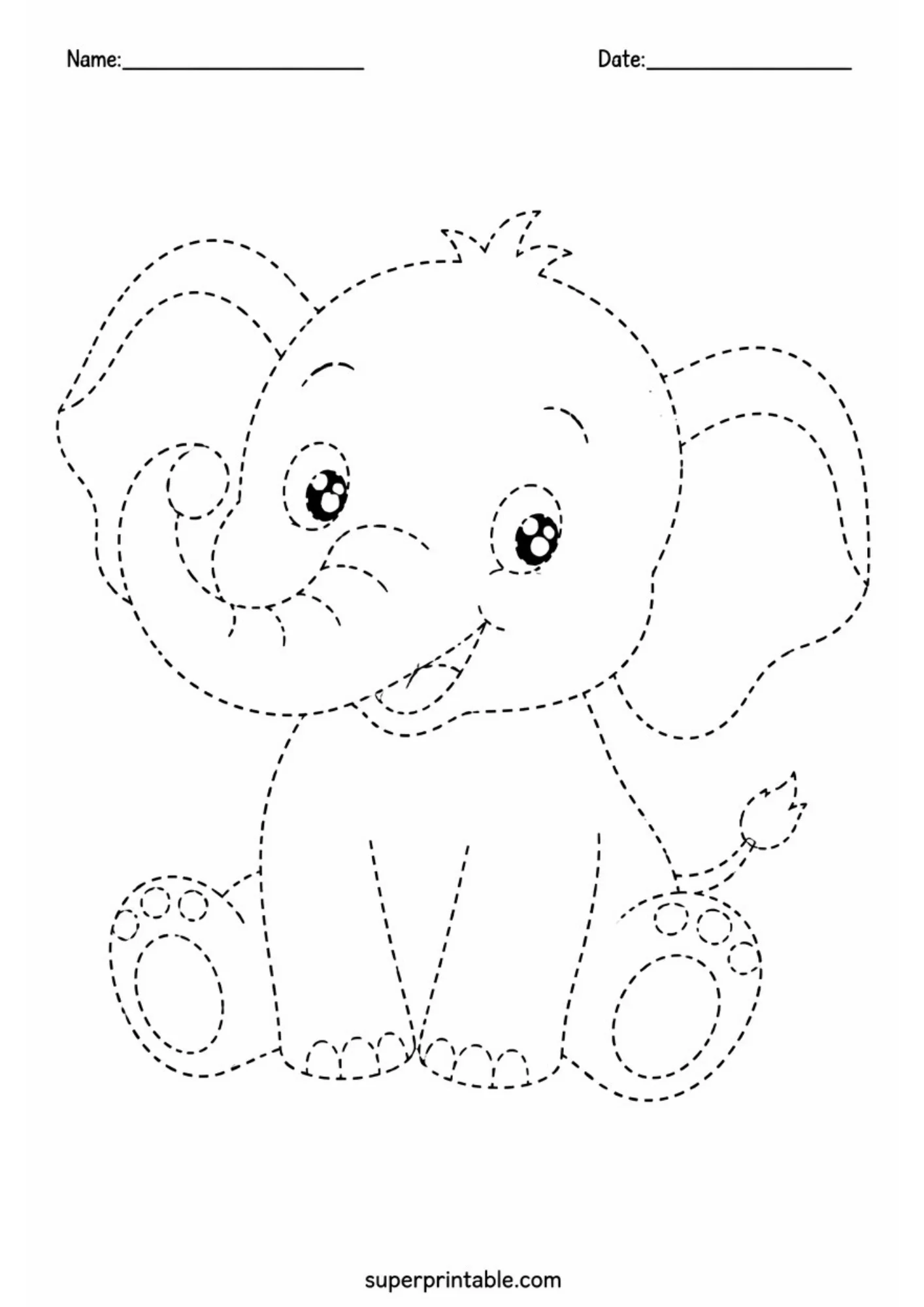 Black and white tracing page of a cute baby elephant sitting down with its trunk curled upward holding a small ball. Dashed outlines line the portrait worksheet.