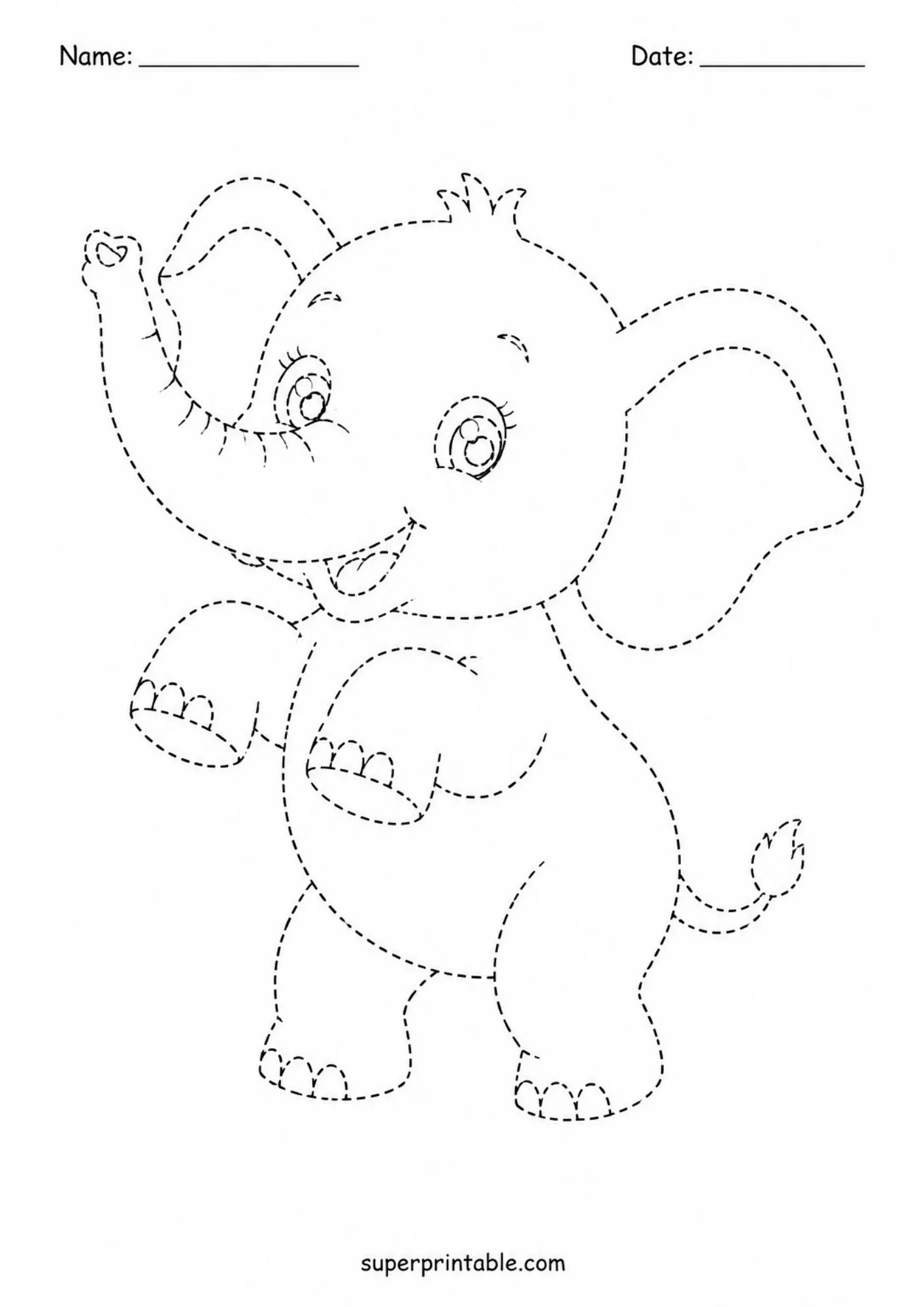 Worksheet for preschool tracing practice showing a cartoon baby elephant standing up on its hind legs with front paws raised in the air. Dashed black outlines.