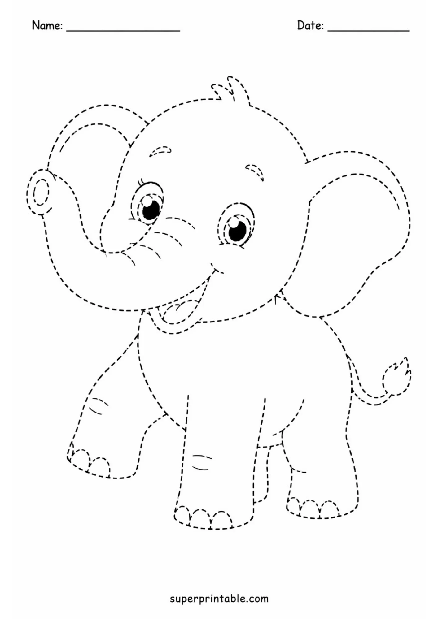 Printable pre-writing tracing page of a baby elephant taking a step forward while holding its trunk up high in a joyful expression. Dashed line art design.