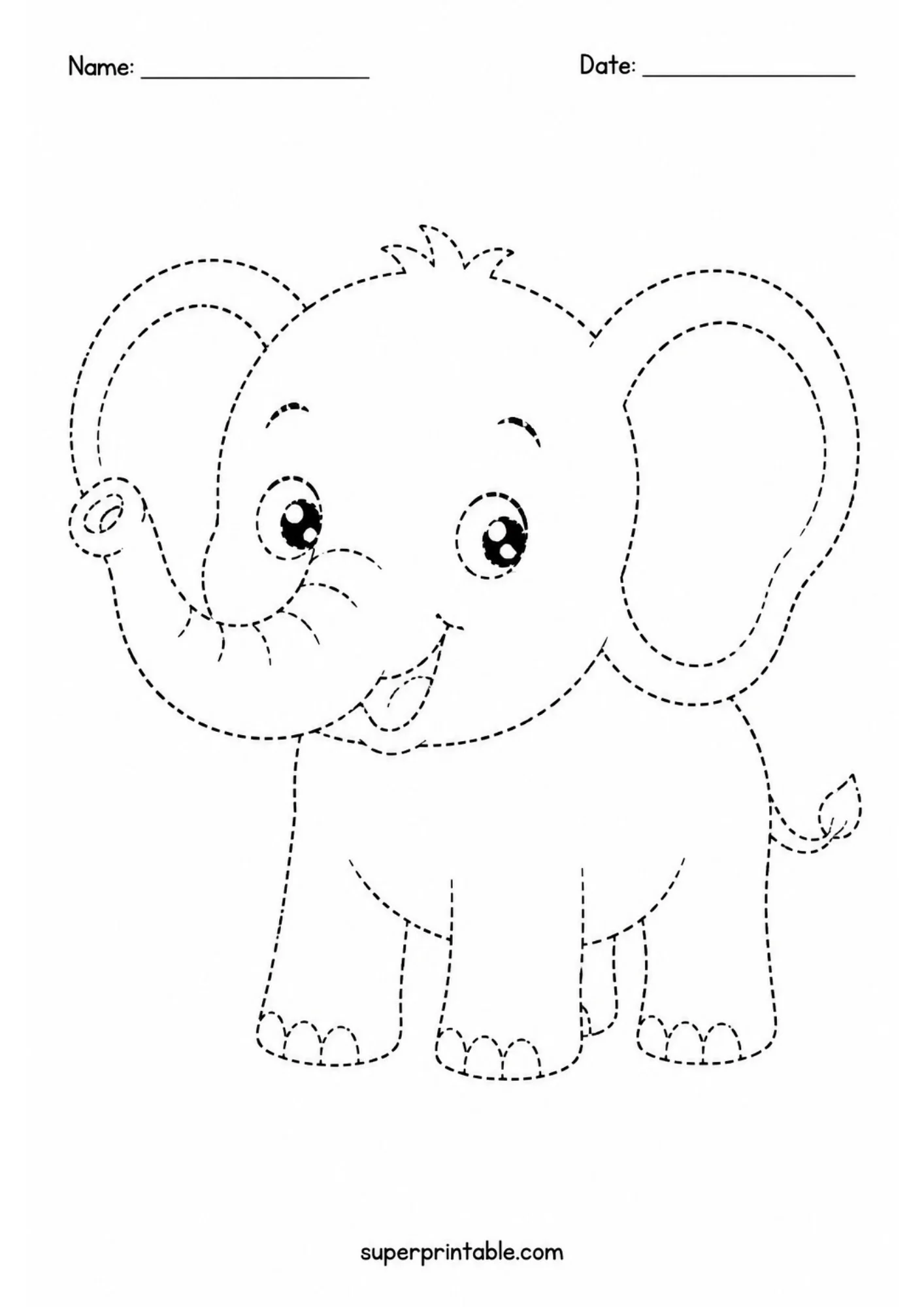 Printable tracing page displaying a happy baby elephant standing with its long trunk raised high in the air. Dashed outlines surround the central character layout.