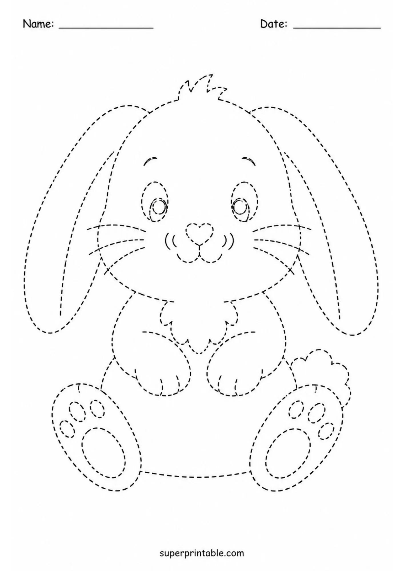 Dashed outline tracing worksheet featuring an upright sitting baby bunny with long floppy ears, heart-shaped nose, and detailed paw pads.