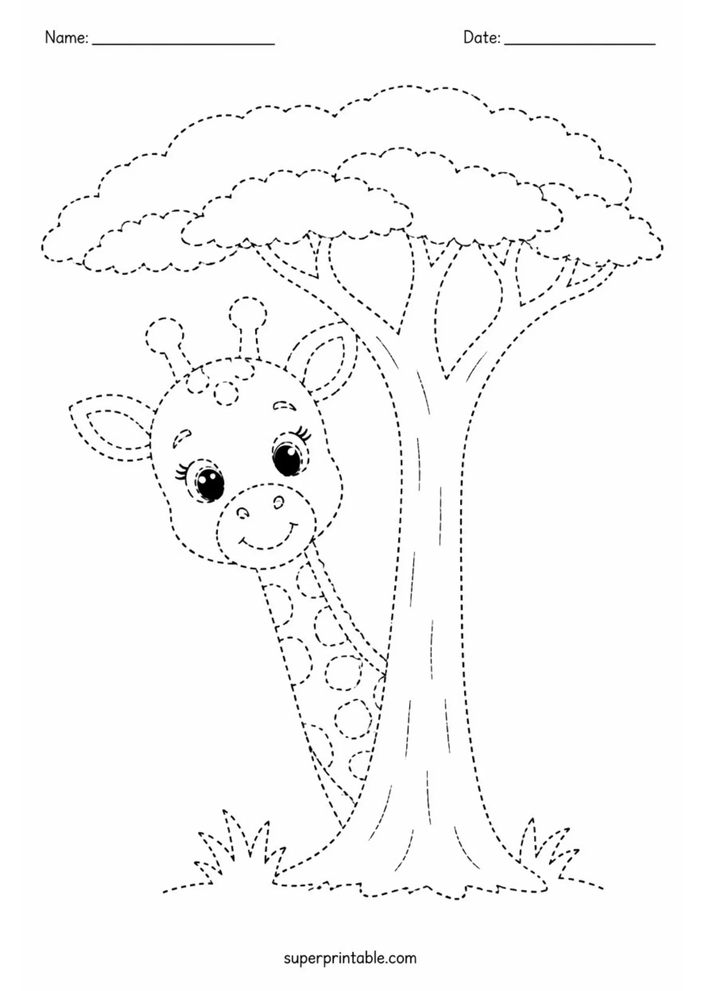 Black dashed line worksheet showing a baby giraffe calf peeking out from behind a tall acacia tree trunk with leaf canopy and top Name and Date header lines.