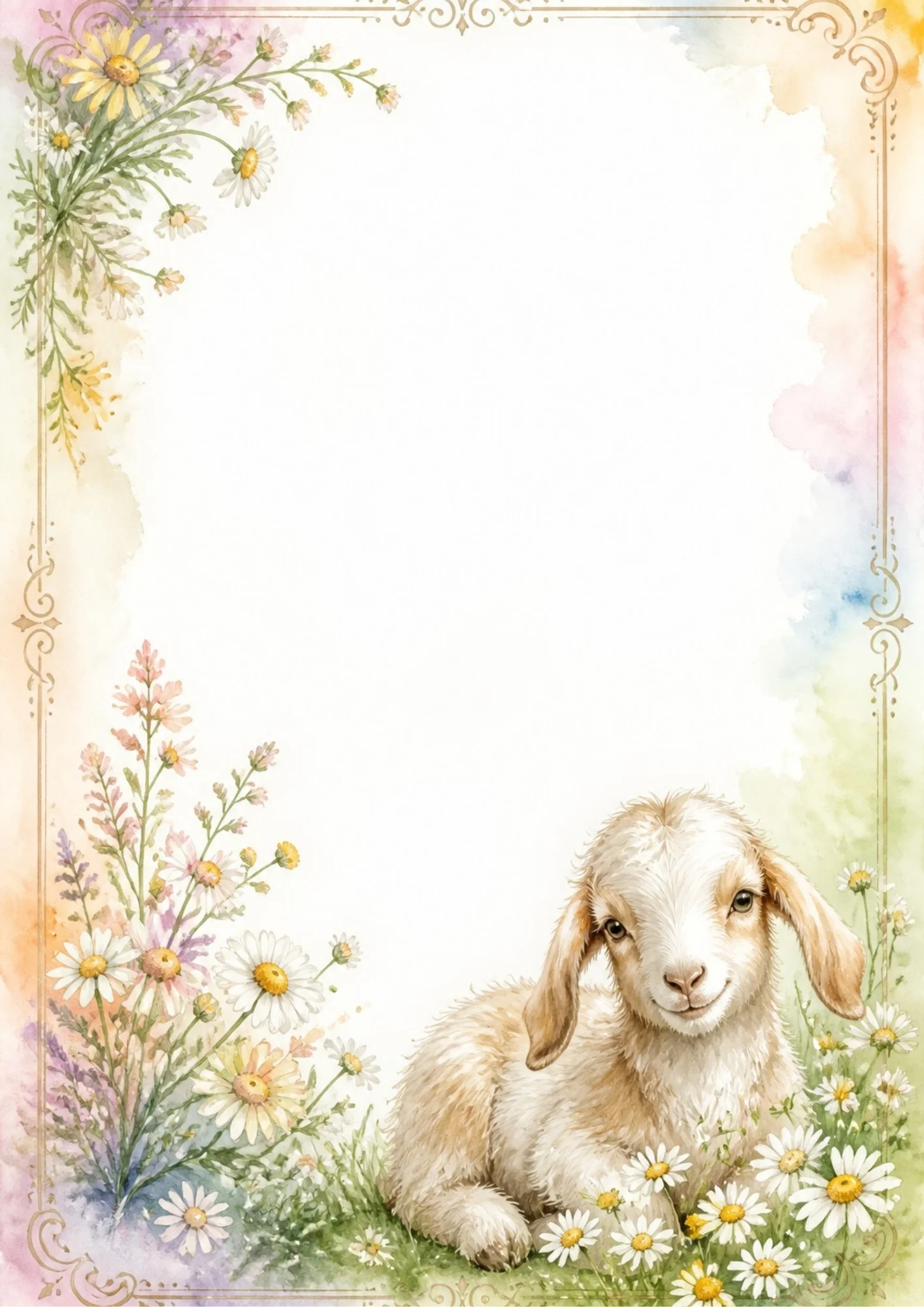 A fluffy baby goat kid lies among white daisies framed by pastel washes.
