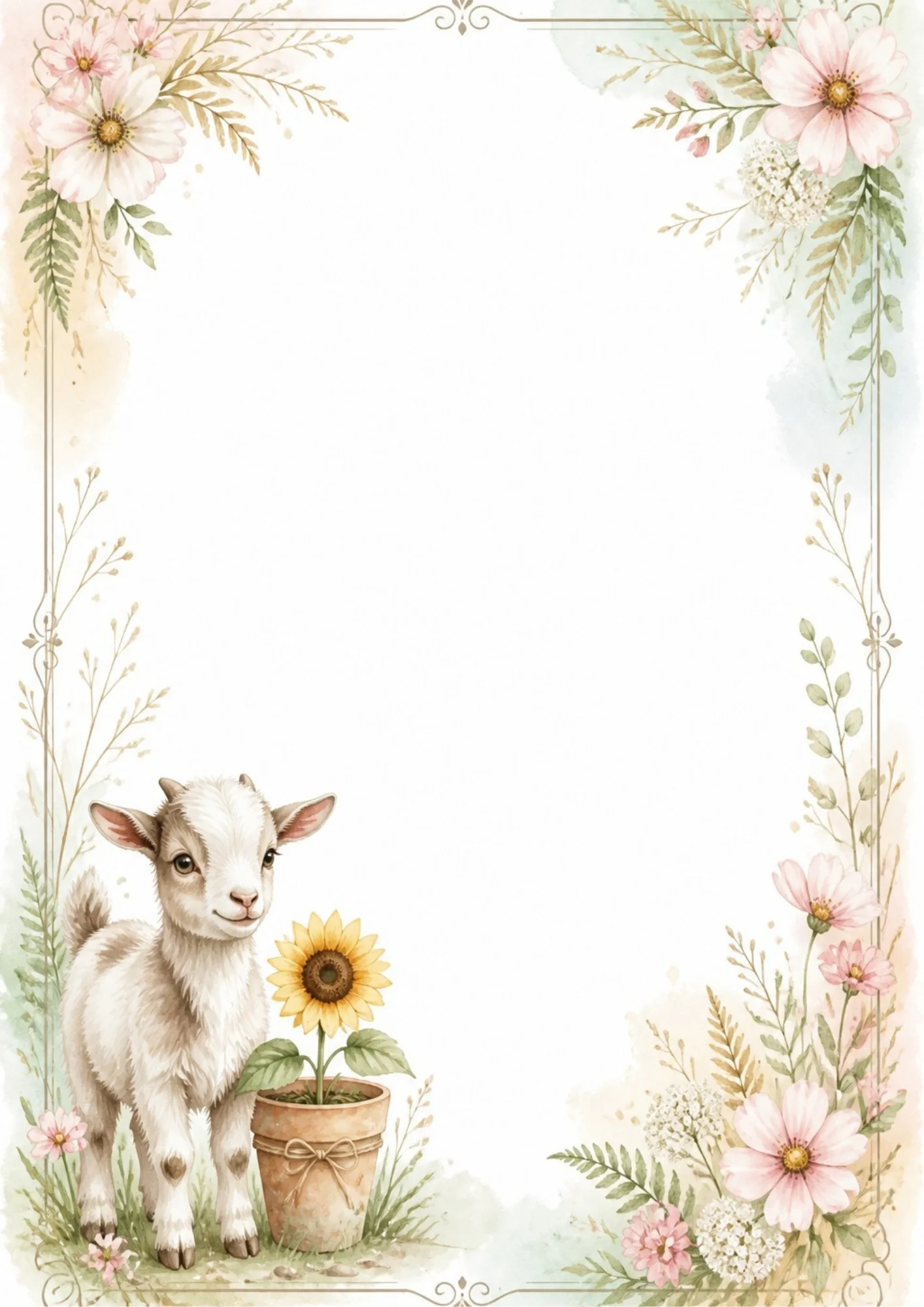 A baby goat stands next to a potted yellow sunflower inside a gold frame.