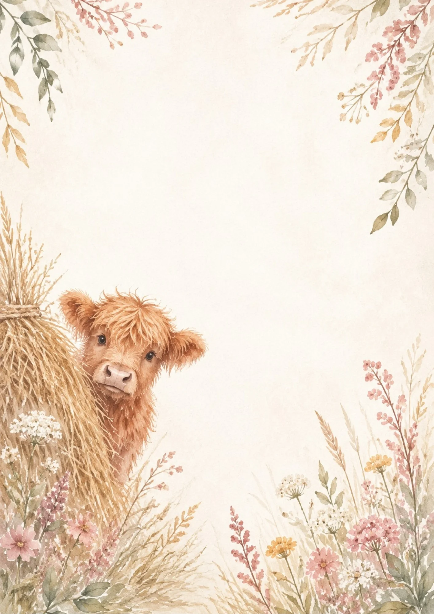 A small baby Highland calf peeking from behind a tied bundle of hay in a meadow filled with pink and yellow wildflowers and autumn leaves.