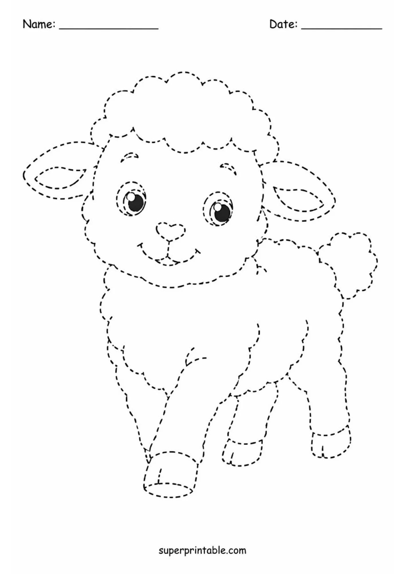 A black and white tracing page of a fluffy lamb walking forward with one leg raised, big smiling eyes, and soft ears.