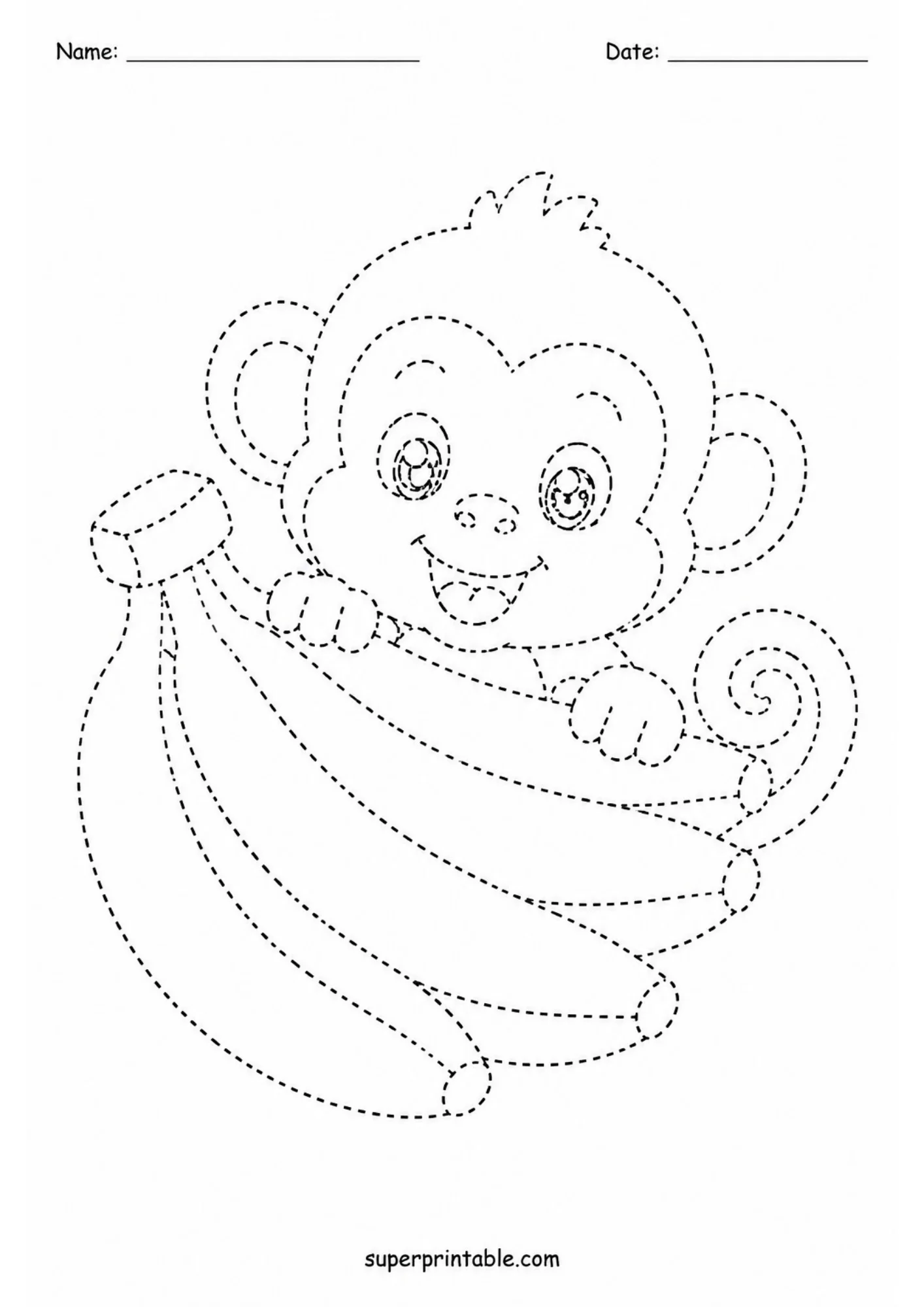 Black and white dashed line tracing printable featuring a cute baby monkey sitting behind and resting its hands on a large bunch of three bananas.