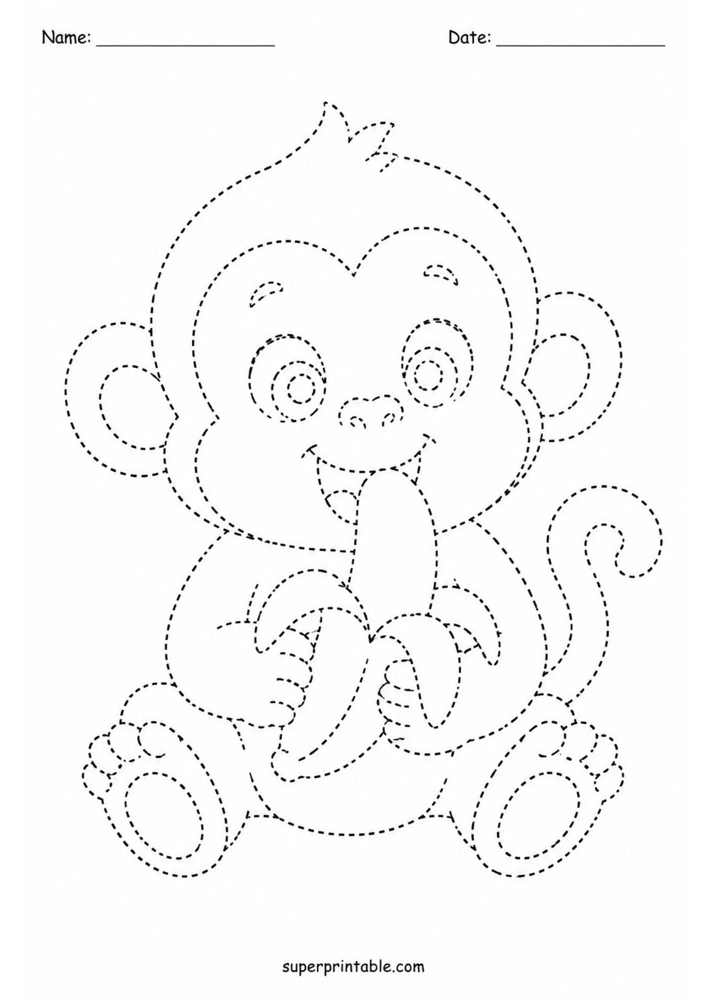 Black and white dashed outline worksheet of a cute baby monkey sitting down and holding a peeled banana with both hands.