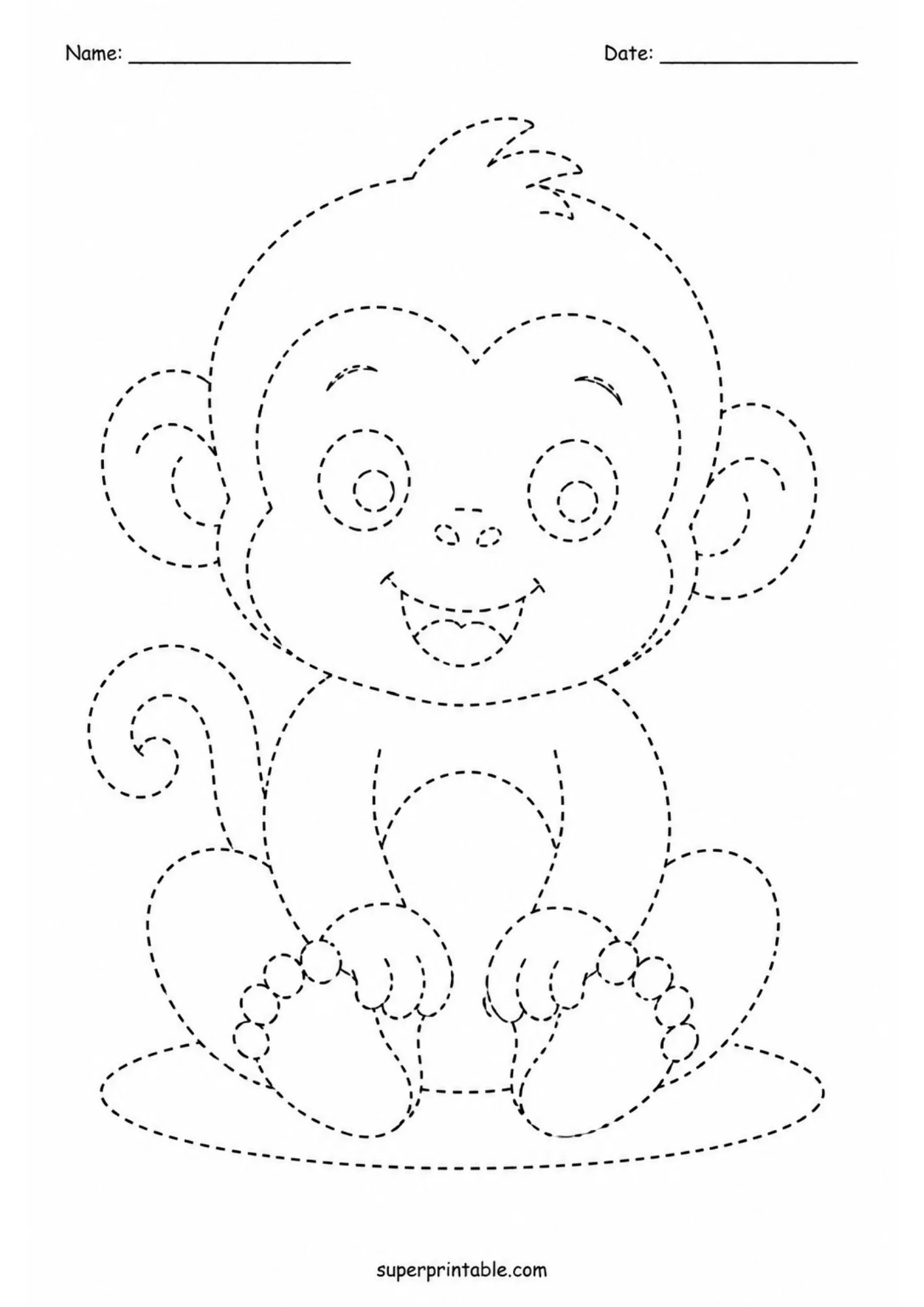 Black and white dashed line tracing worksheet featuring a smiling baby monkey sitting down with big round eyes, rounded ears, and a curved tail.