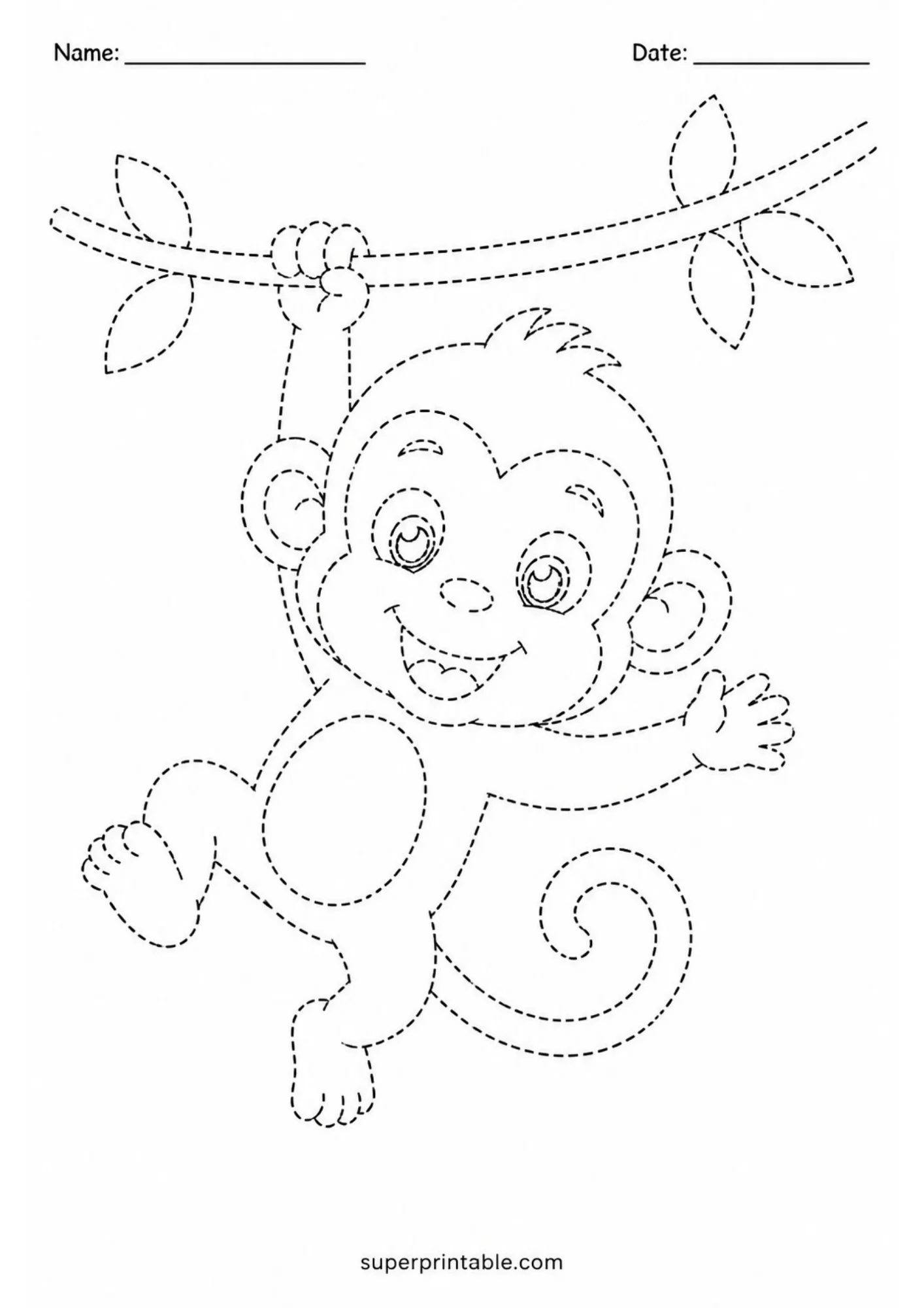 Black and white dashed line tracing printable depicting a happy baby monkey swinging by one arm from a leafy tree branch.