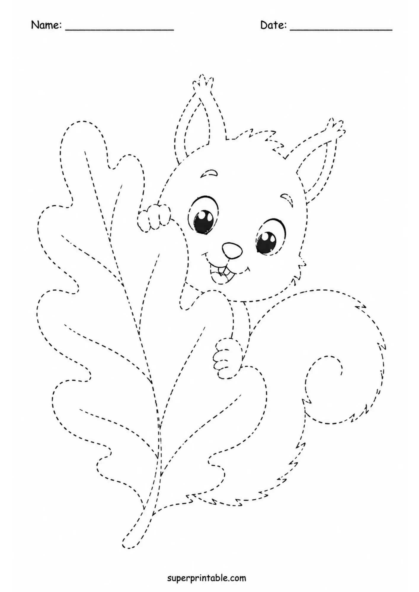 Dotted line tracing sheet showing a baby squirrel peeking from behind a large oak leaf, featuring Name and Date header lines at the top of the page.