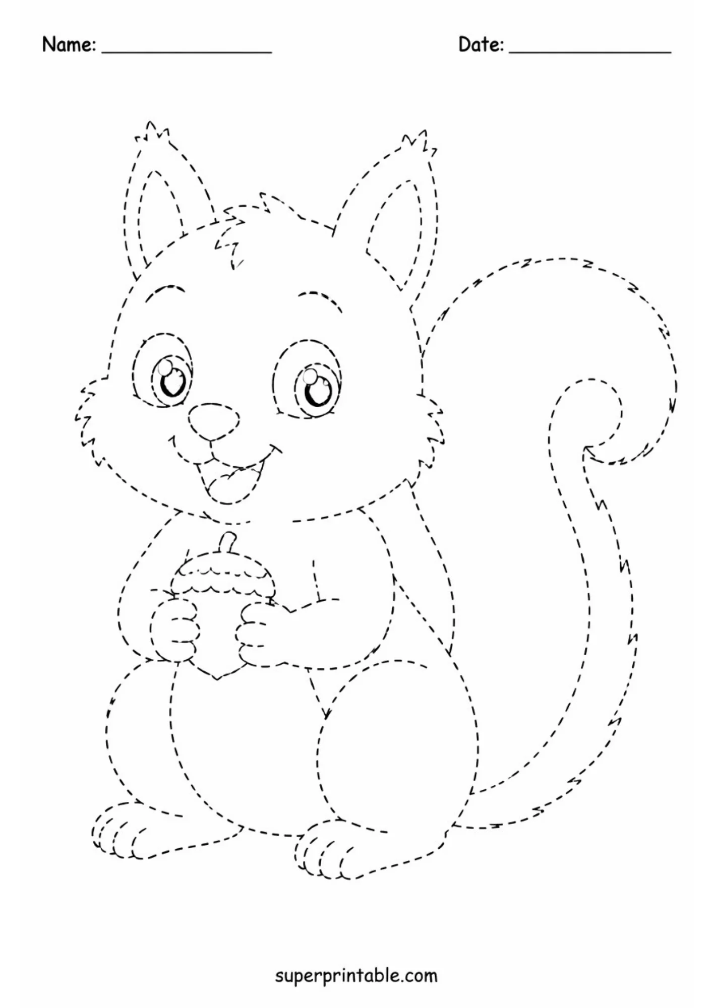 Black and white dashed line tracing printable featuring a cute baby squirrel sitting upright and holding an acorn with both paws, complete with Name and Date header fields.