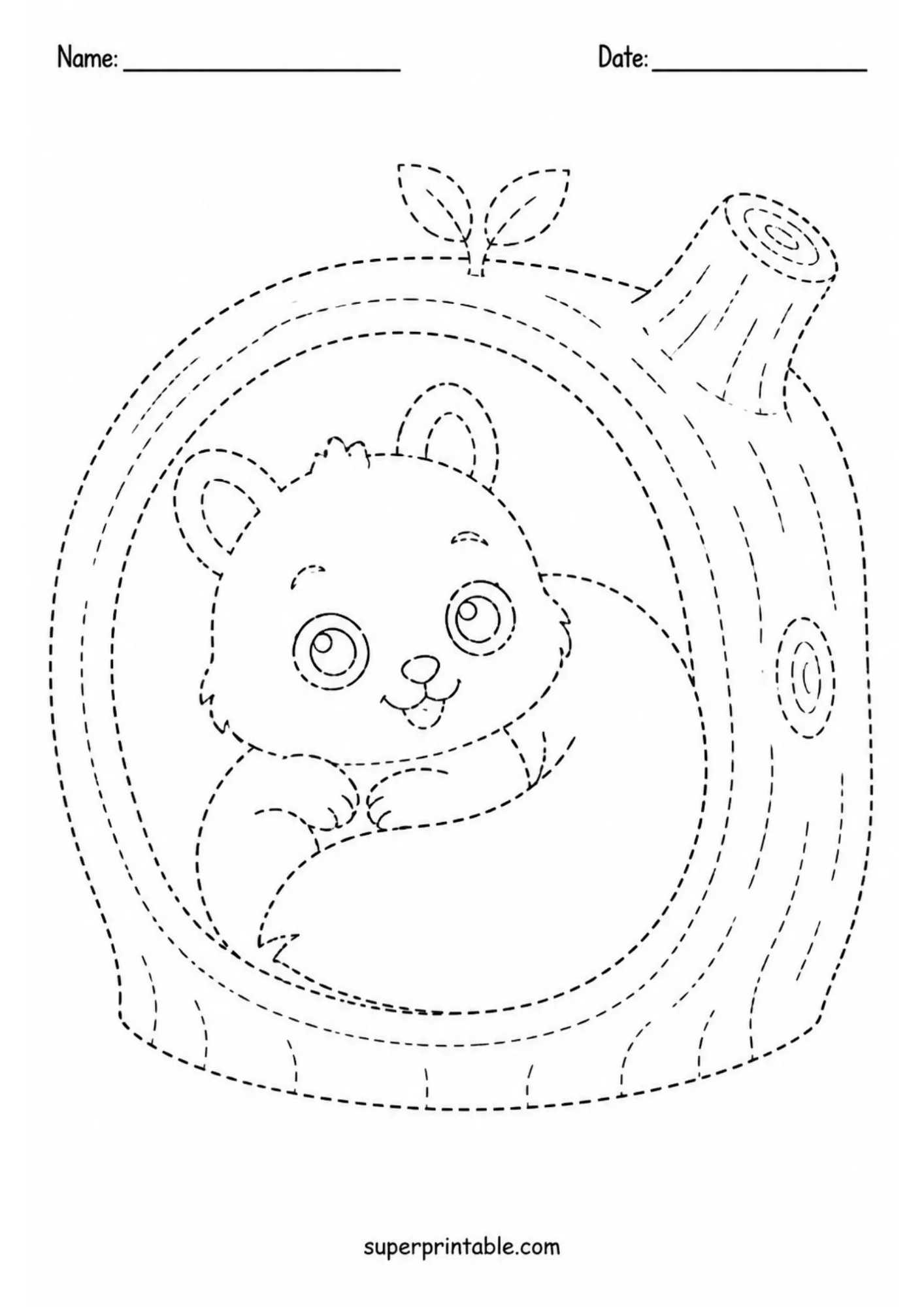 Dotted line tracing worksheet depicting a cute baby squirrel resting cozy inside a hollow tree trunk log, with top Name and Date header fields.