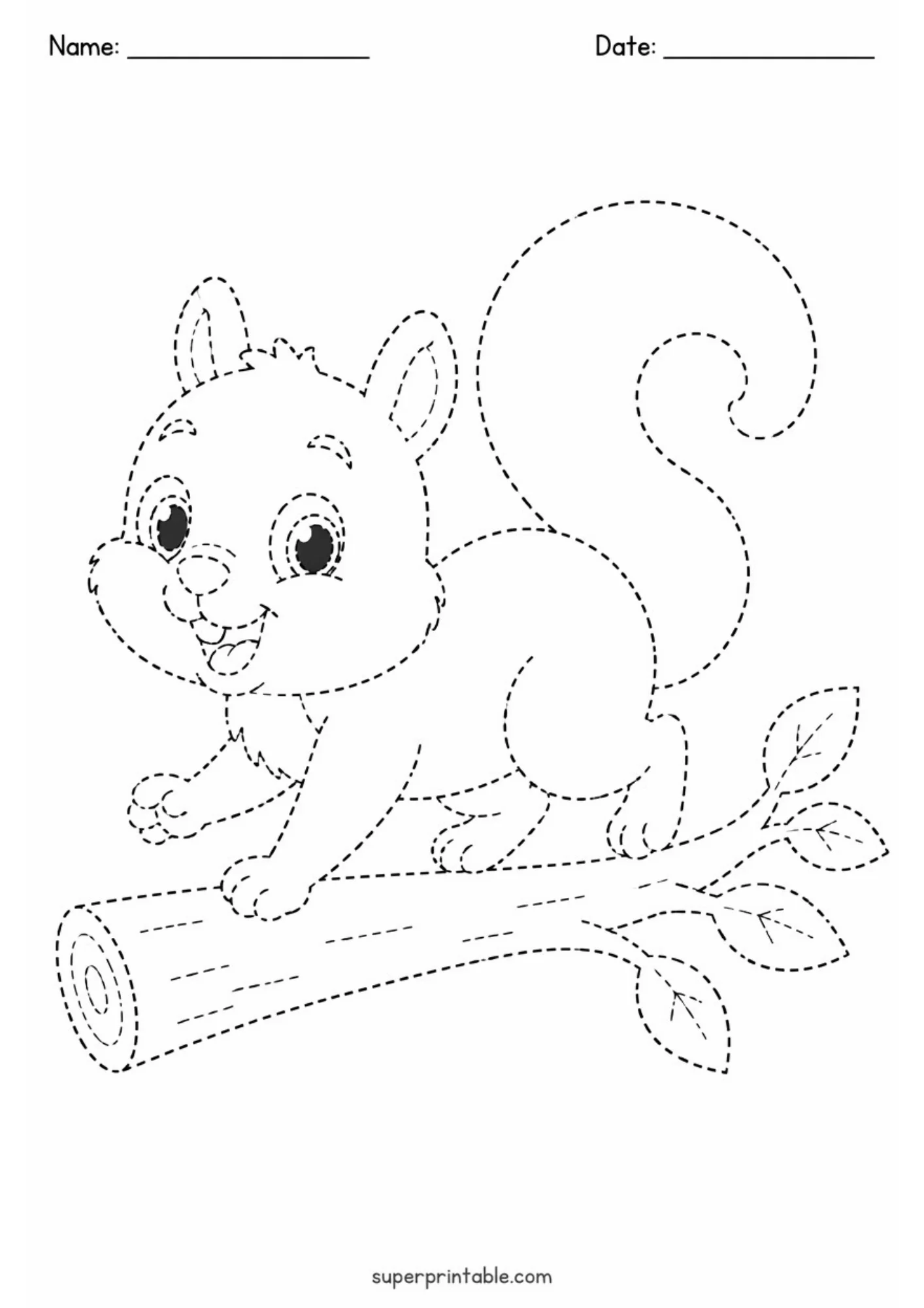 Dashed outline activity sheet featuring a cheerful baby squirrel crawling along a wooden tree branch with leaves, including Name and Date spaces at the top.
