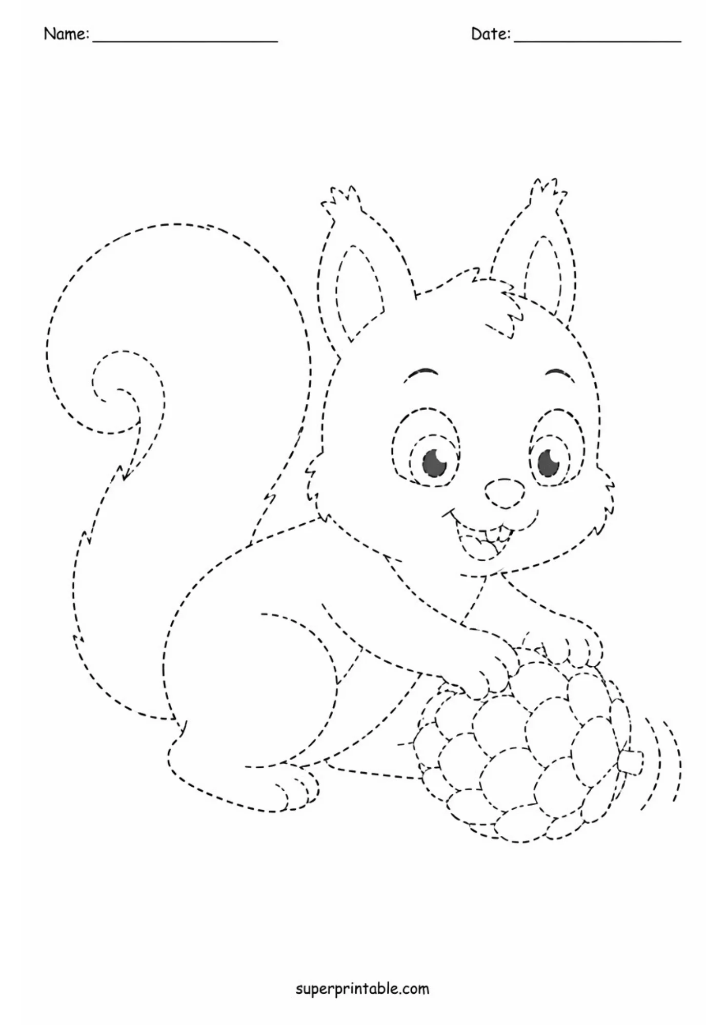 Dashed line tracing activity page featuring a smiling baby squirrel sitting beside a textured pinecone on the ground, with Name and Date header lines at top.