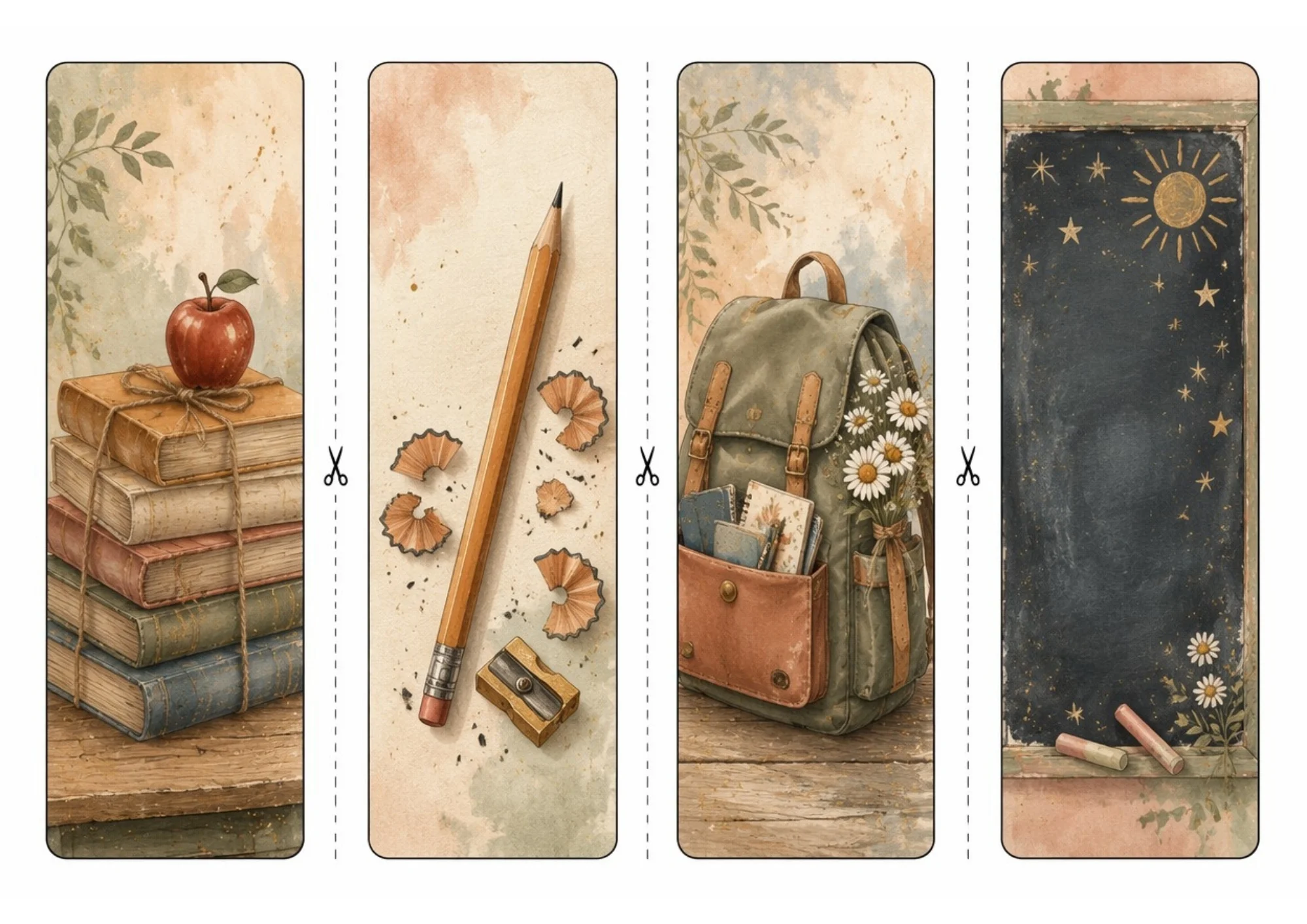 Four back-to-school printable bookmarks featuring stacked vintage books with an apple, a pencil with shavings, a flower-filled backpack, and a chalkboard.