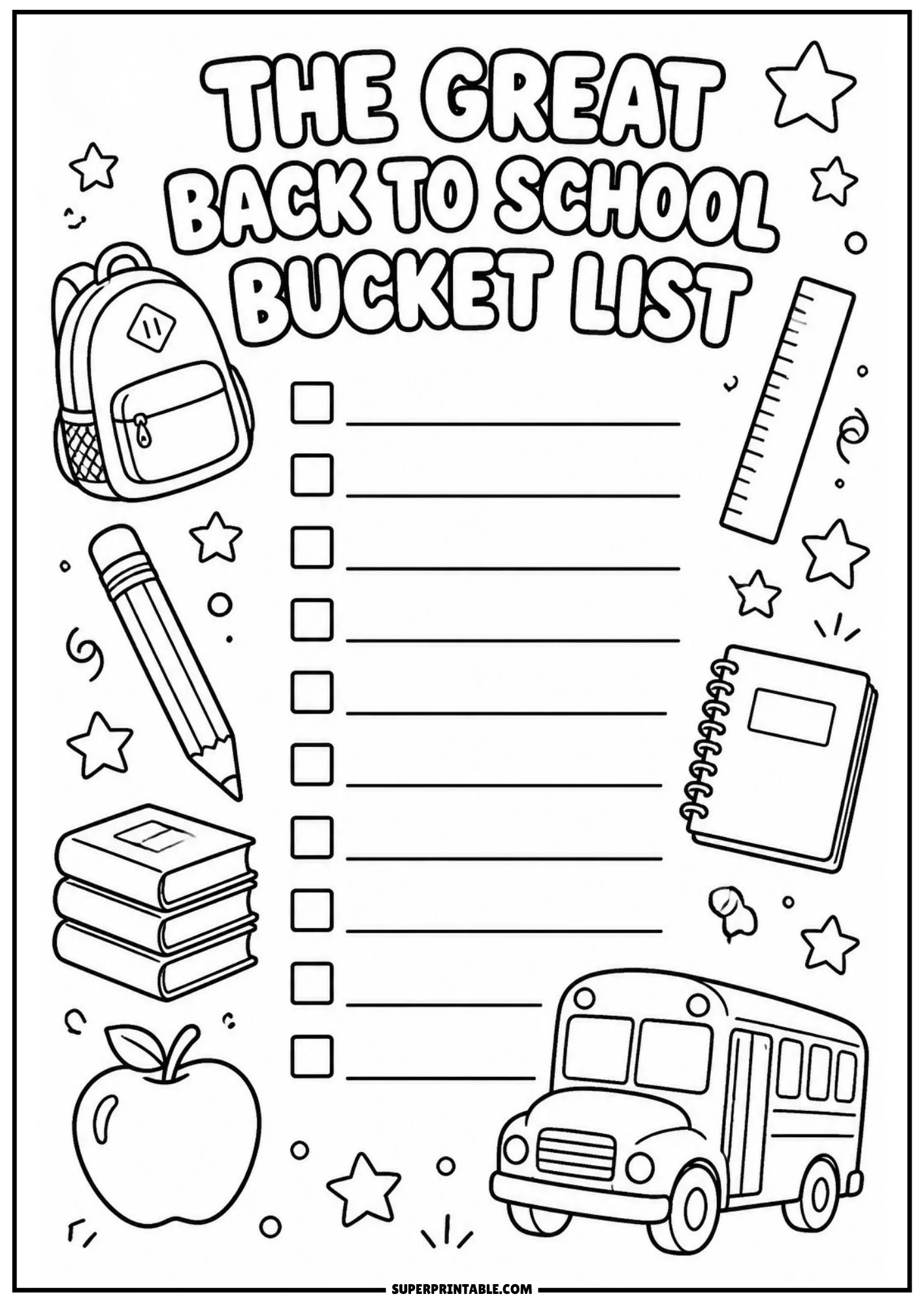 Printable back to school bucket list page with checkboxes, a backpack, ruler, lead pencil, stack of books, apple, notebook, and school bus.