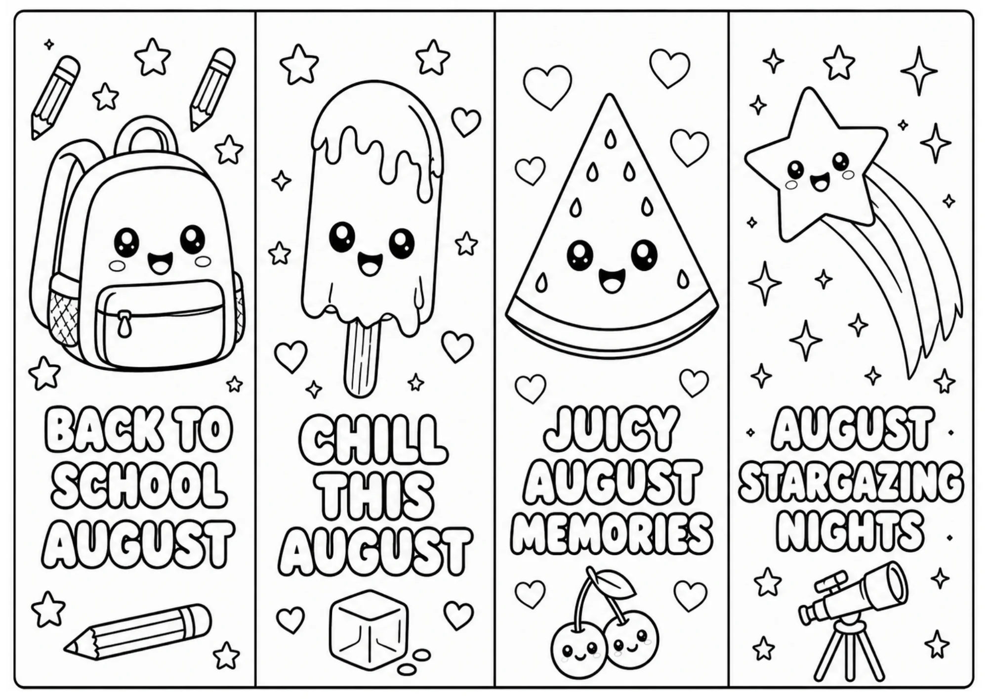 Black and white coloring bookmarks displaying a school backpack, popsicle, watermelon slice, and shooting star with a telescope for August stargazing.