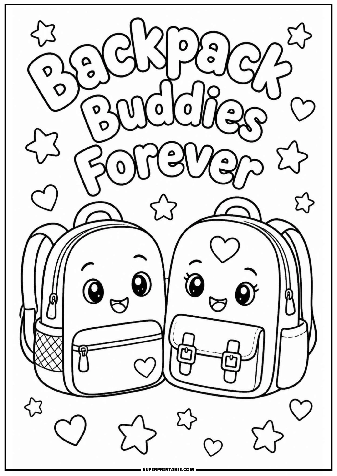 Black and white coloring page featuring two cute smiling kawaii backpacks sitting side-by-side with stars and hearts background, with the text 'Backpack Buddies Forever'.