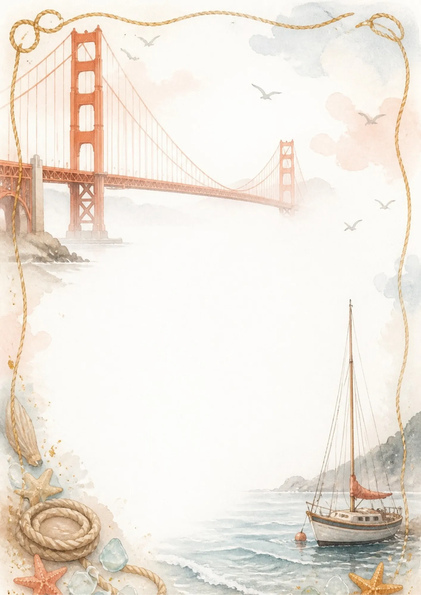 A scenic writing page showing the Golden Gate Bridge from Baker Beach with sandy shores and waves.