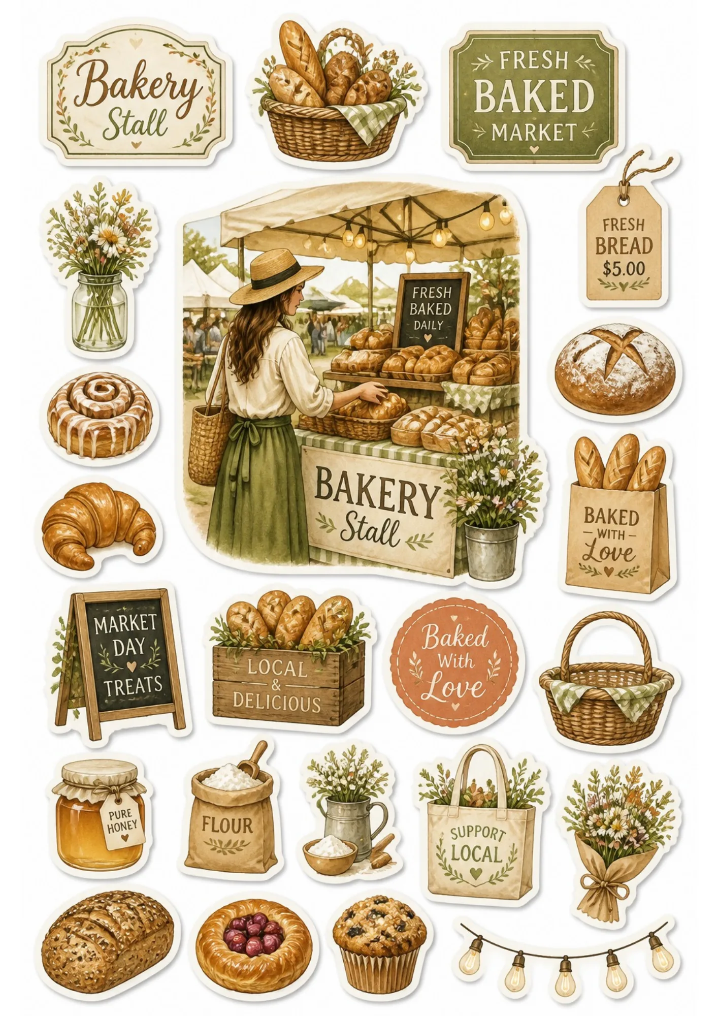Artisan bakery stall sticker sheet filled with fresh bread, croissants, cinnamon rolls, honey jars, flour sacks, and market signs.